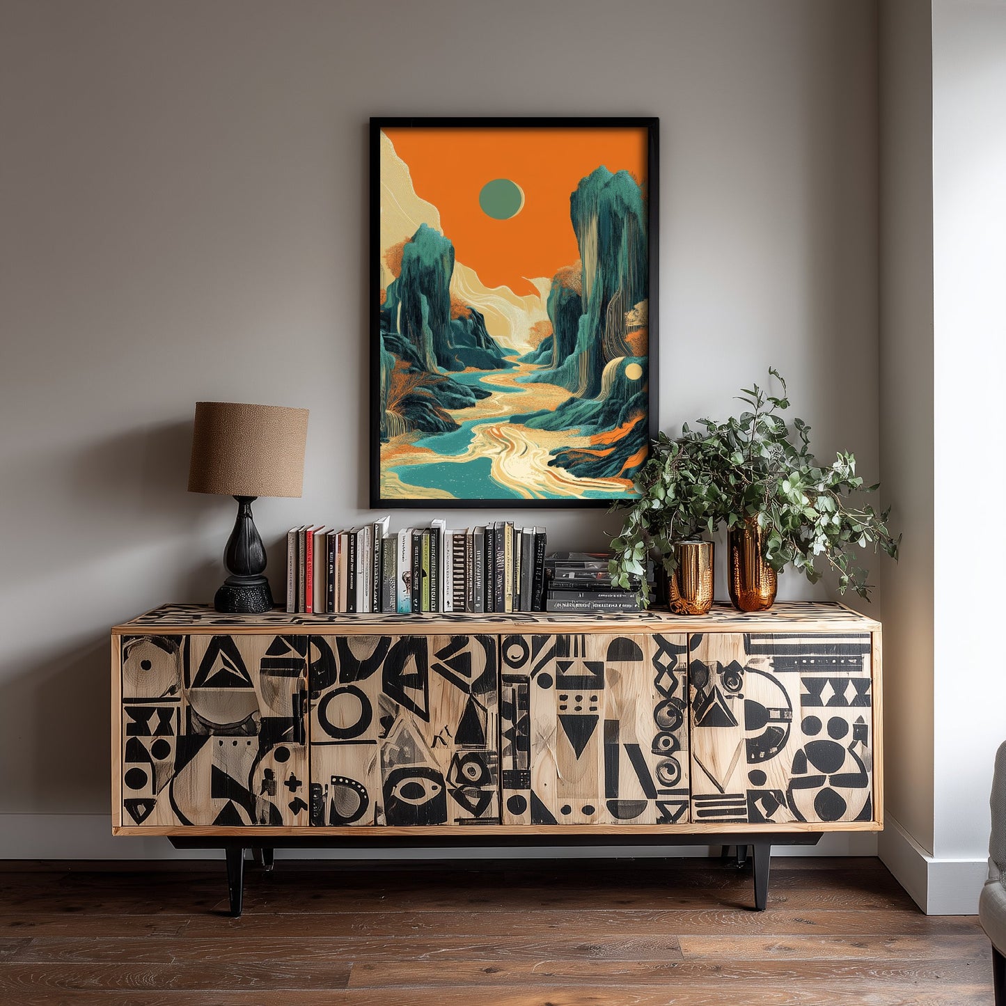 Abstract Asian Landscape Art Print - Teal and Orange Mountains Poster - Boho River Painting - Rising Sun V2 2/3
