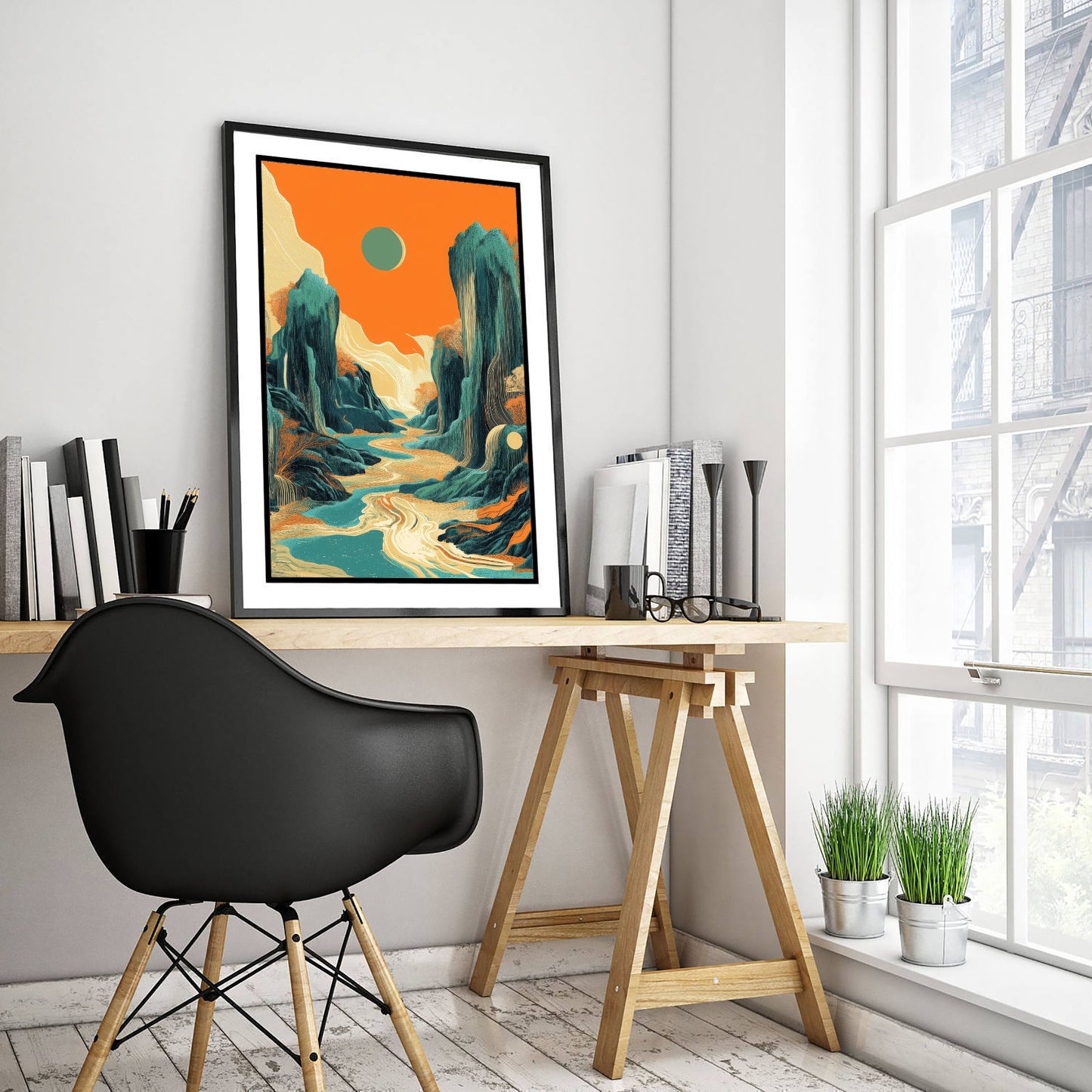 Abstract Asian Landscape Art Print - Teal and Orange Mountains Poster - Boho River Painting - Rising Sun V2 2/3