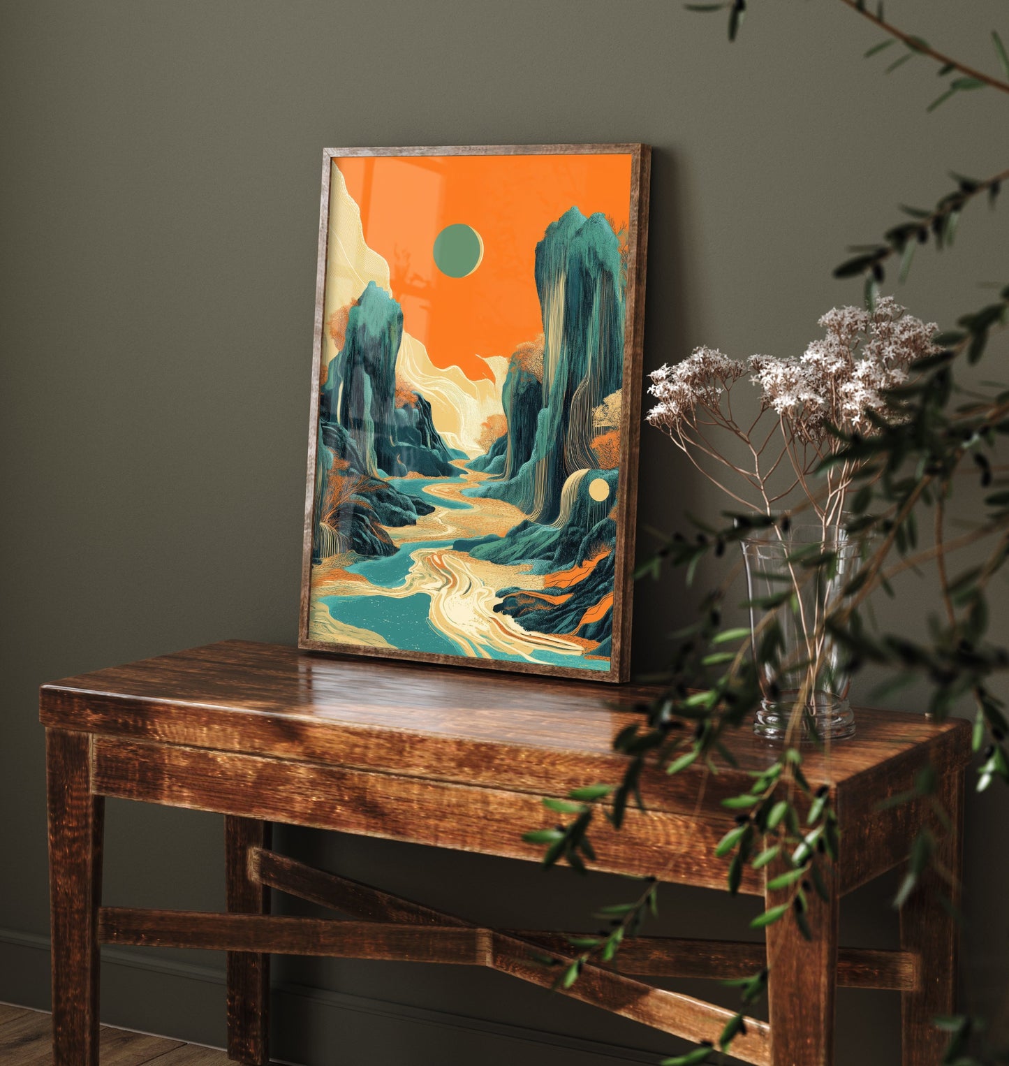 Abstract Asian Landscape Art Print - Teal and Orange Mountains Poster - Boho River Painting - Rising Sun V2 2/3