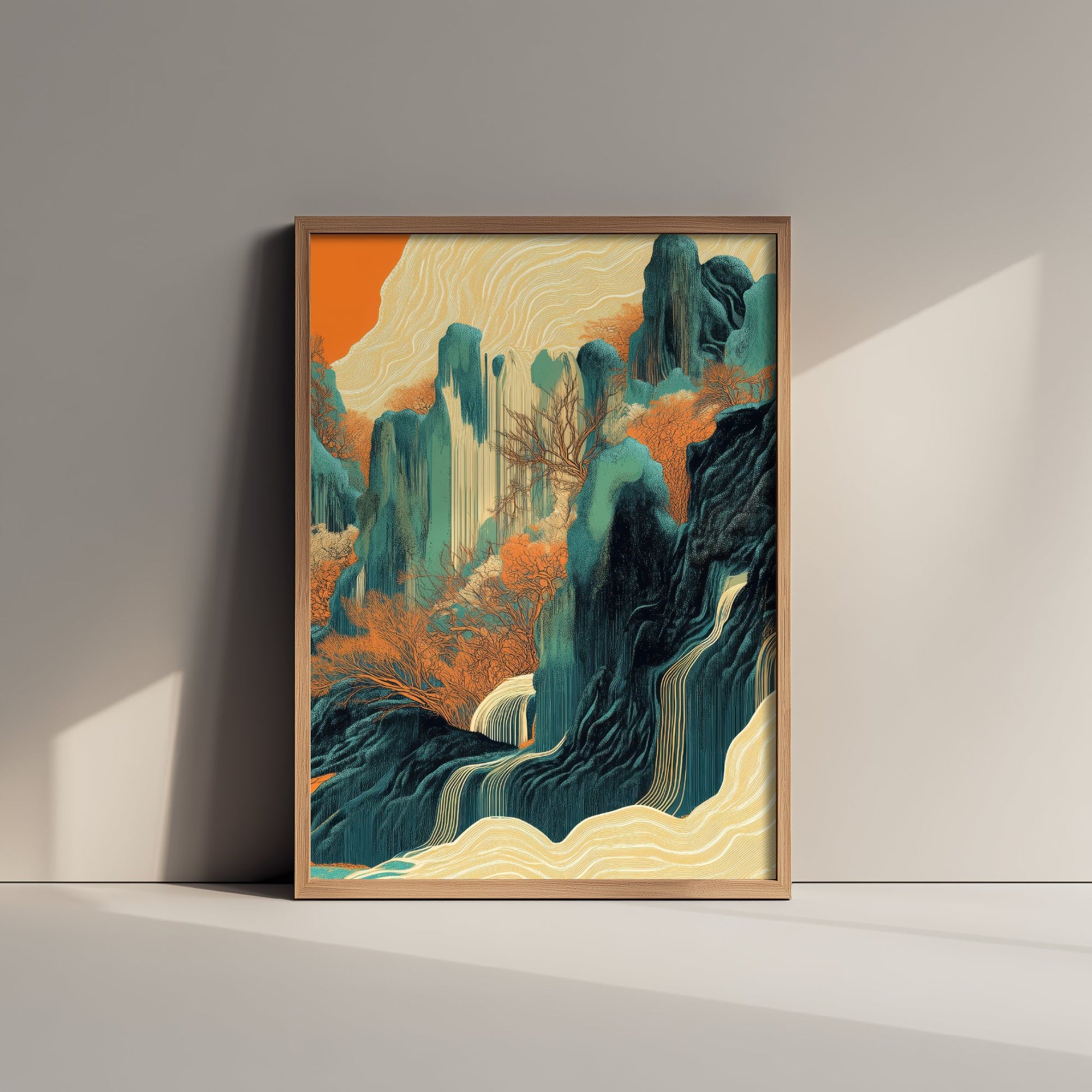 Abstract Asian Landscape Art Print - Teal and Orange Peaks Poster - Boho Waterfall Painting - Autumn Ink Style V2 3/3