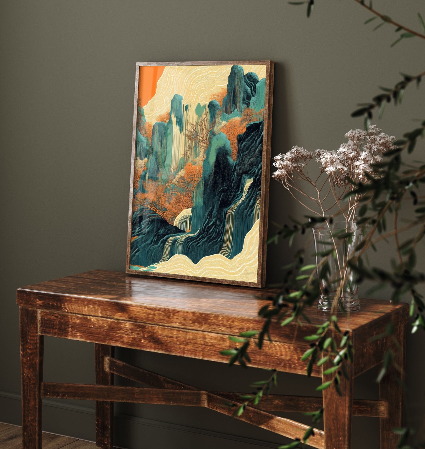 Abstract Asian Landscape Art Print - Teal and Orange Peaks Poster - Boho Waterfall Painting - Autumn Ink Style V2 3/3
