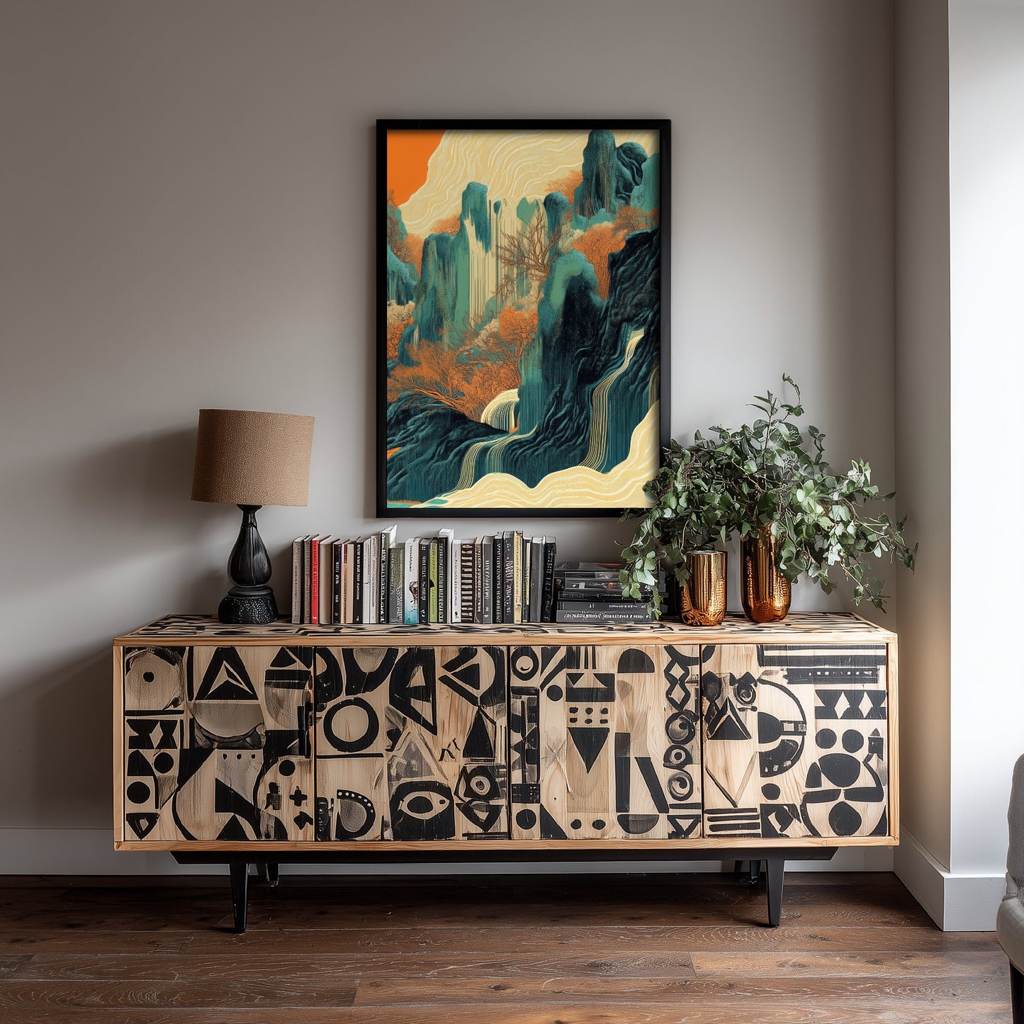 Abstract Asian Landscape Art Print - Teal and Orange Peaks Poster - Boho Waterfall Painting - Autumn Ink Style V2 3/3