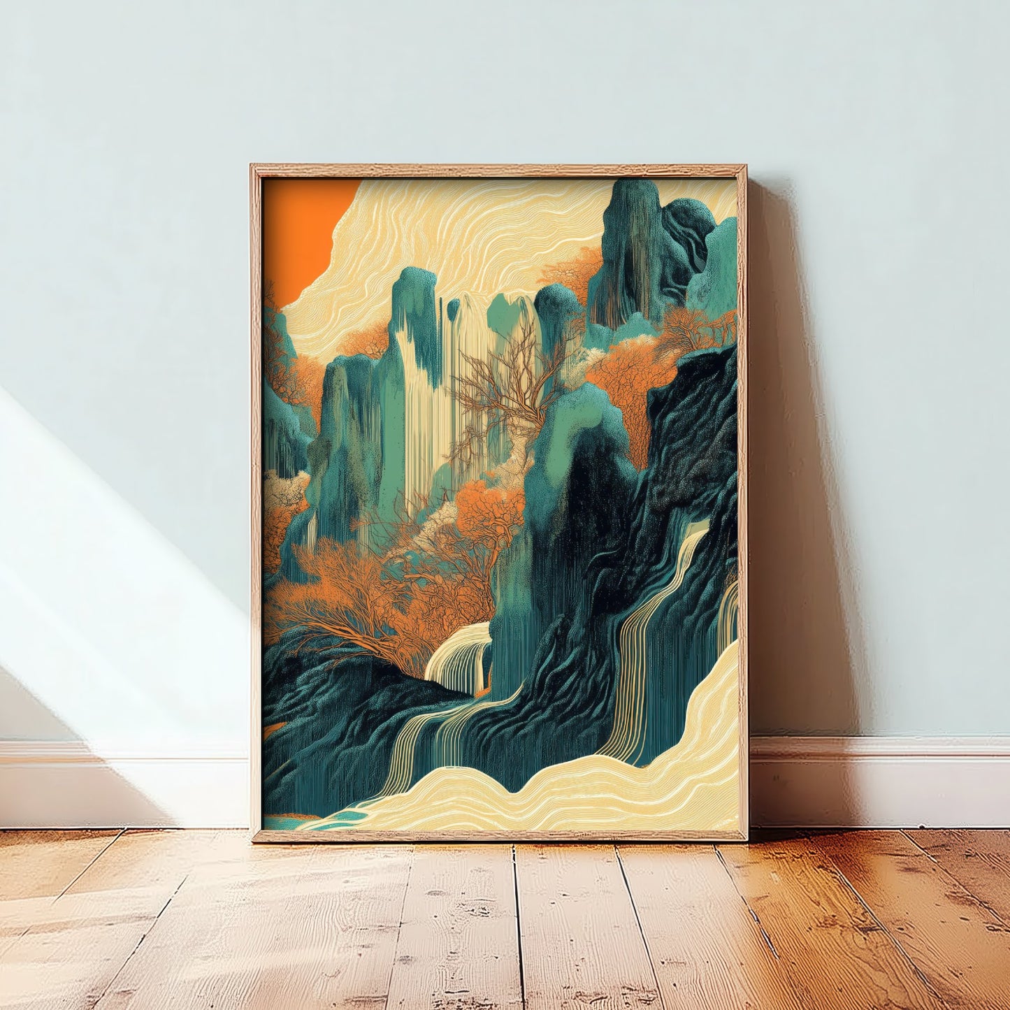 Abstract Asian Landscape Art Print - Teal and Orange Peaks Poster - Boho Waterfall Painting - Autumn Ink Style V2 3/3
