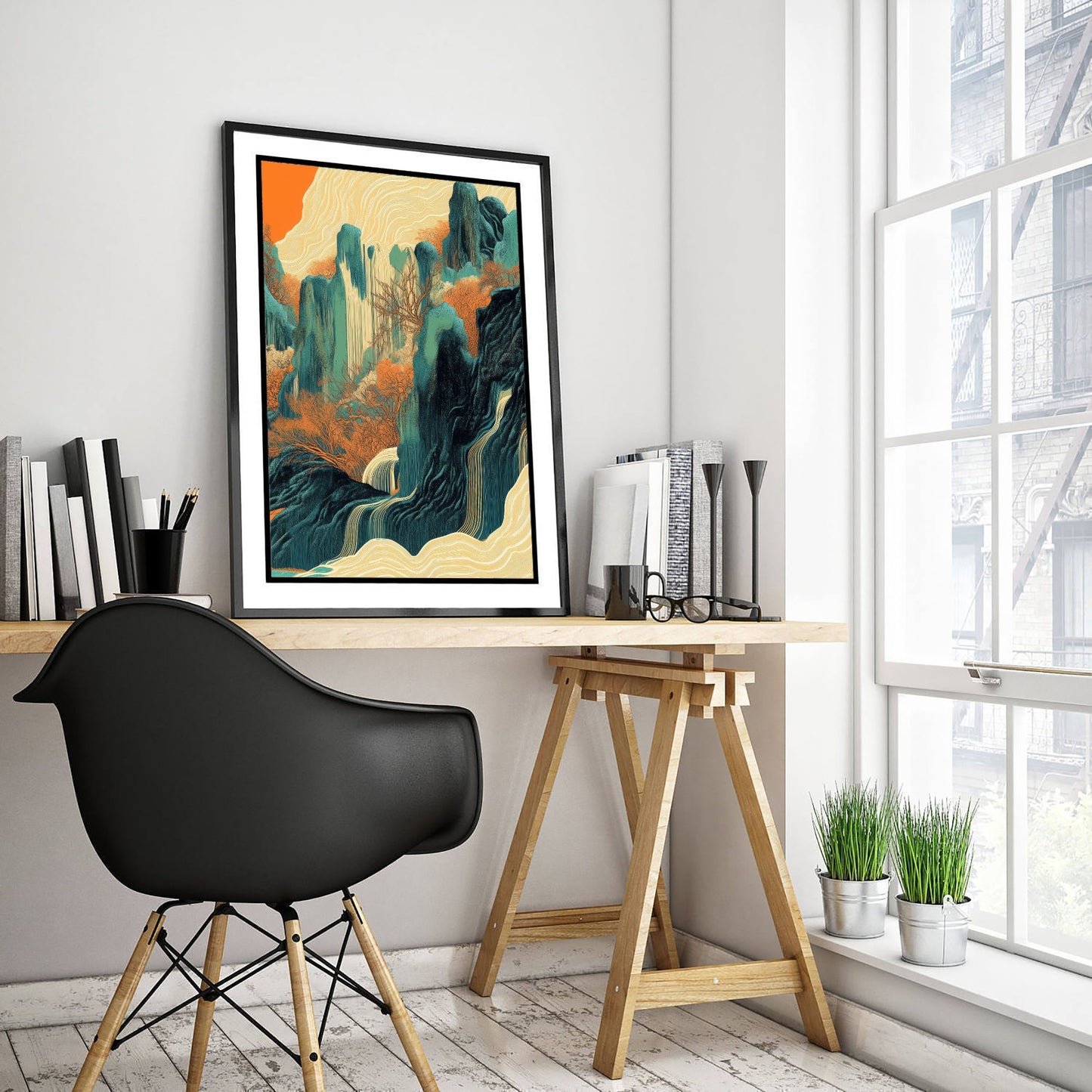 Abstract Asian Landscape Art Print - Teal and Orange Peaks Poster - Boho Waterfall Painting - Autumn Ink Style V2 3/3