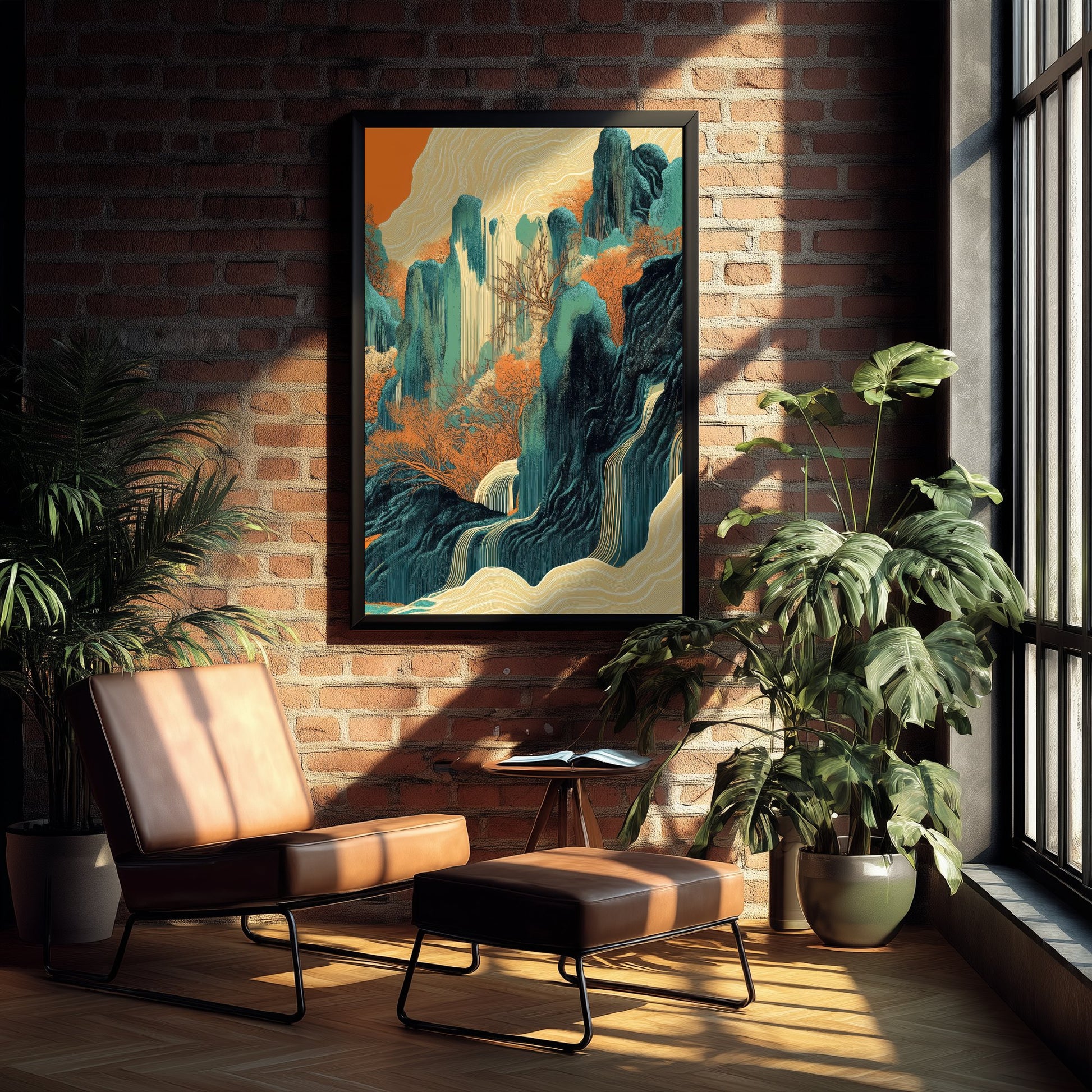 Abstract Asian Landscape Art Print - Teal and Orange Peaks Poster - Boho Waterfall Painting - Autumn Ink Style V2 3/3