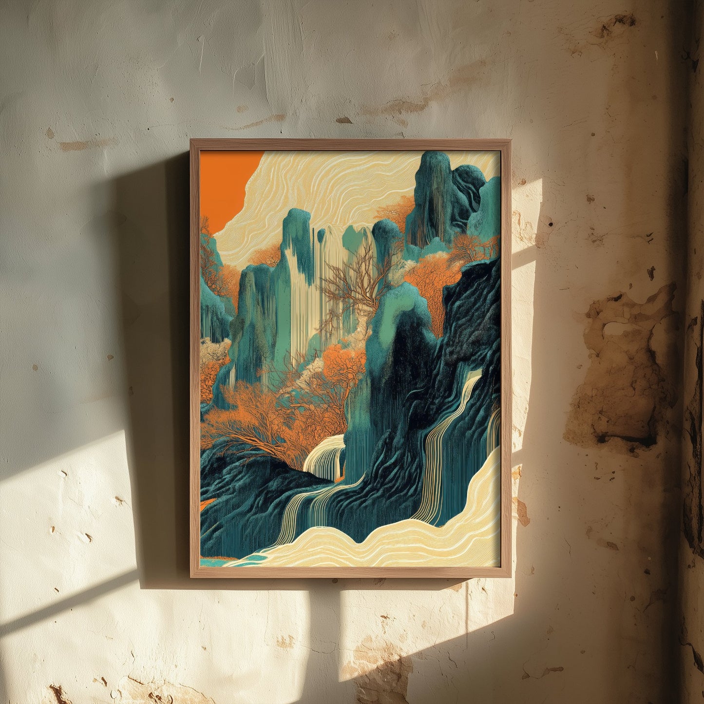 Abstract Asian Landscape Art Print - Teal and Orange Peaks Poster - Boho Waterfall Painting - Autumn Ink Style V2 3/3