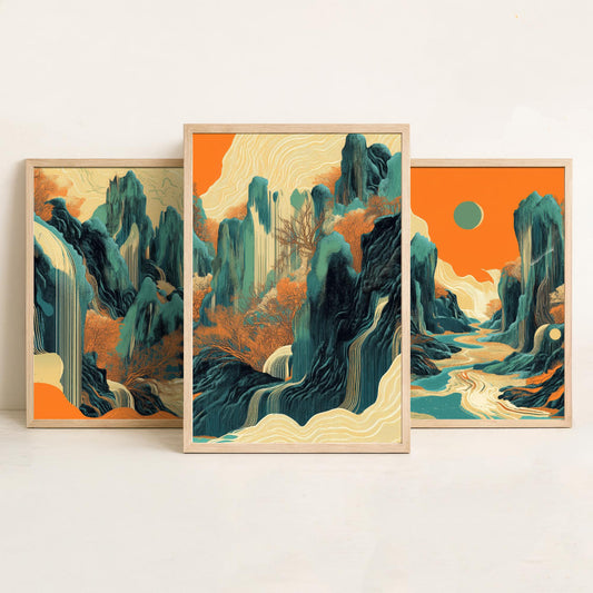 Conceptual Canyon Set of Three Art Prints V2 - Teal Karst Panorama - Abstract Landscape River Illustration Poster Wall Decor