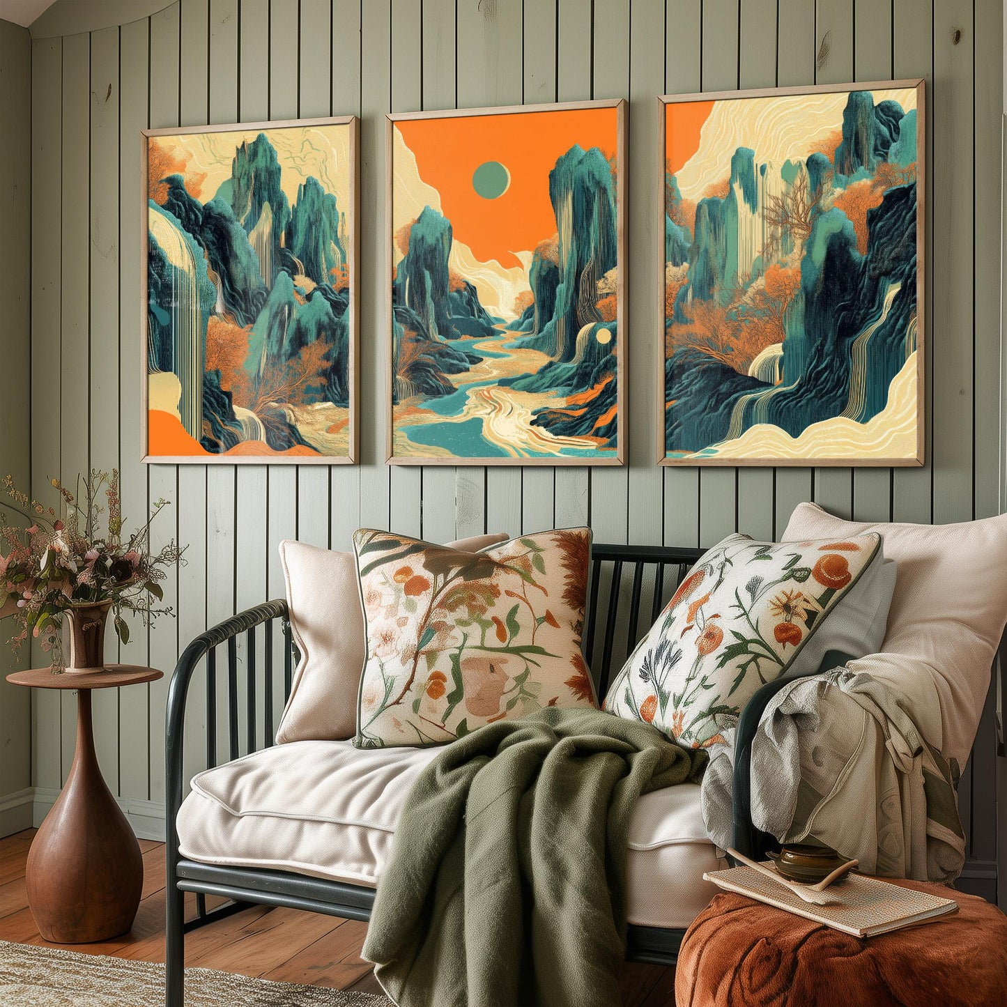 Conceptual Canyon Set of Three Art Prints V2 - Teal Karst Panorama - Abstract Landscape River Illustration Poster Wall Decor