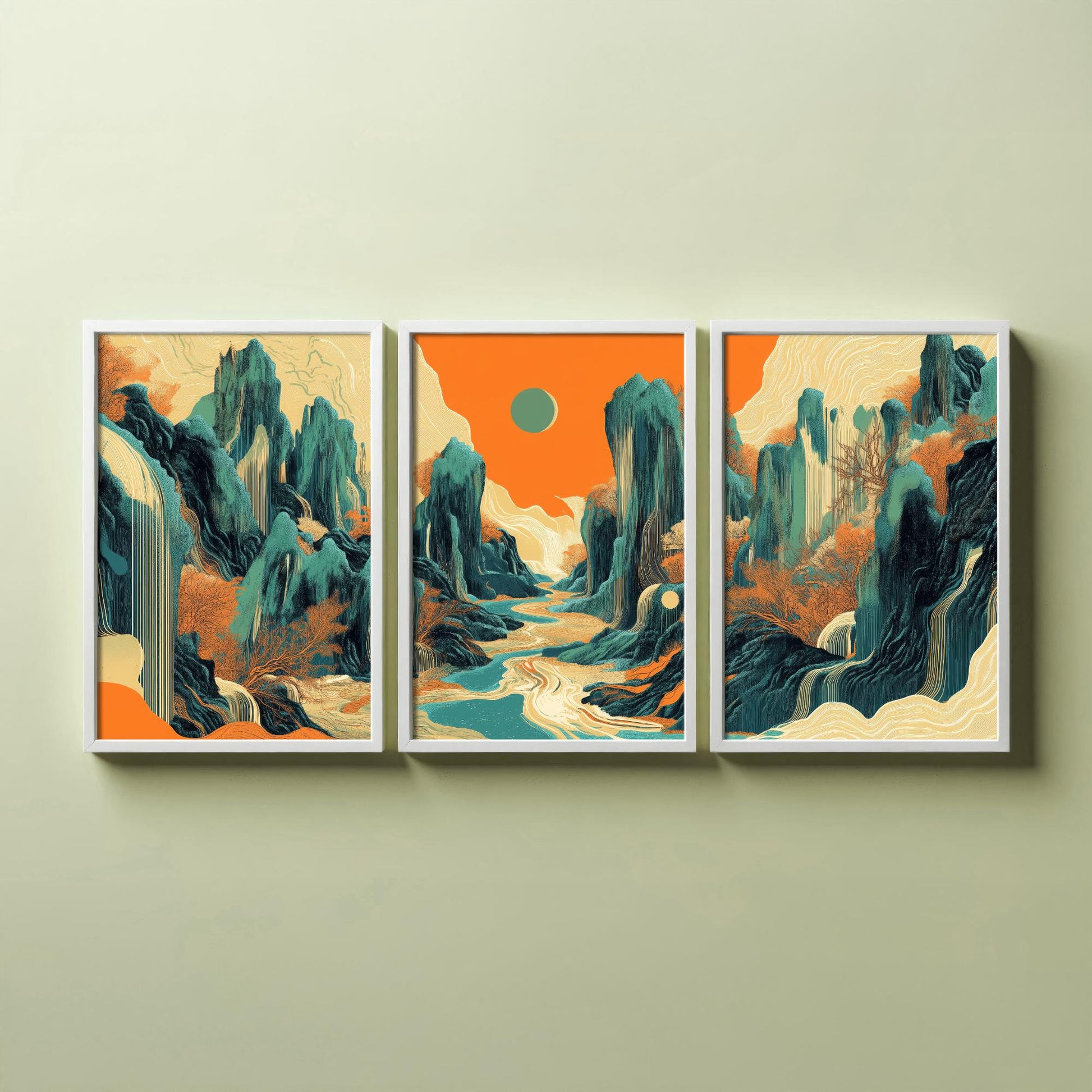 Conceptual Canyon Set of Three Art Prints V2 - Teal Karst Panorama - Abstract Landscape River Illustration Poster Wall Decor