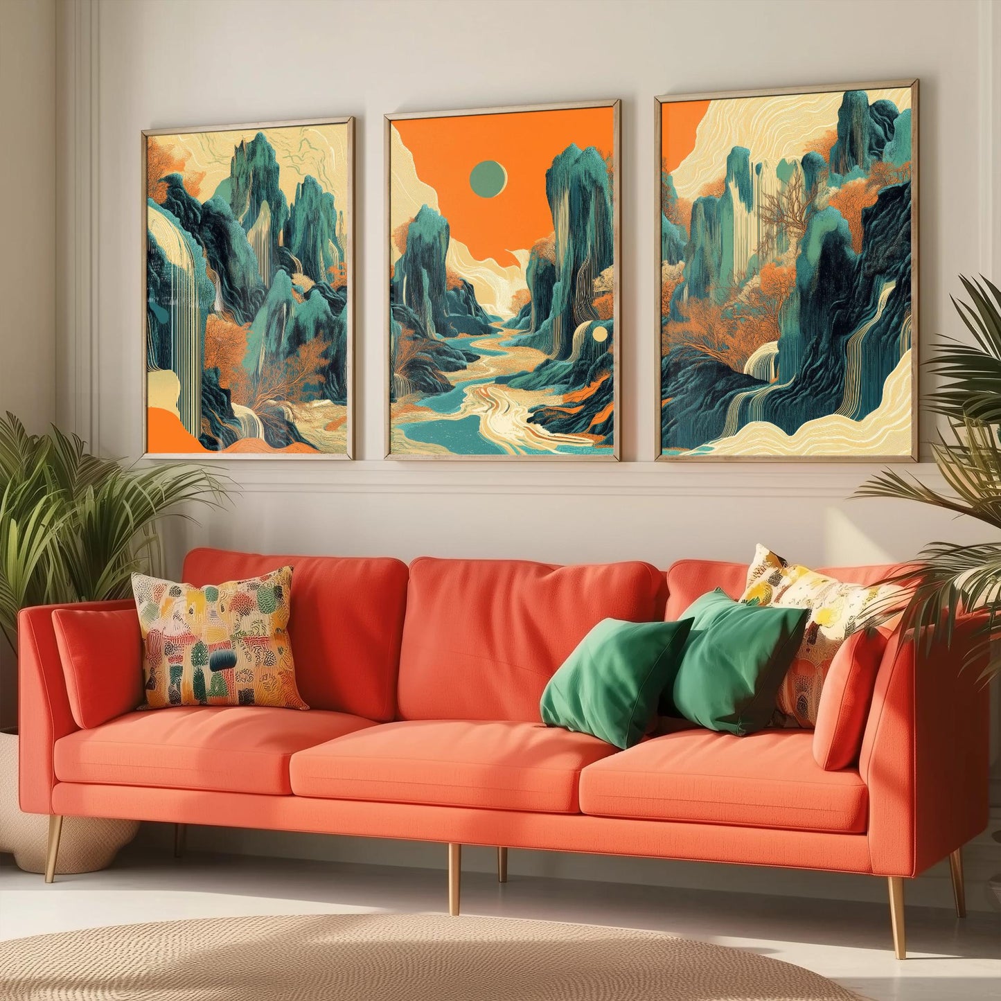 Conceptual Canyon Set of Three Art Prints V2 - Teal Karst Panorama - Abstract Landscape River Illustration Poster Wall Decor
