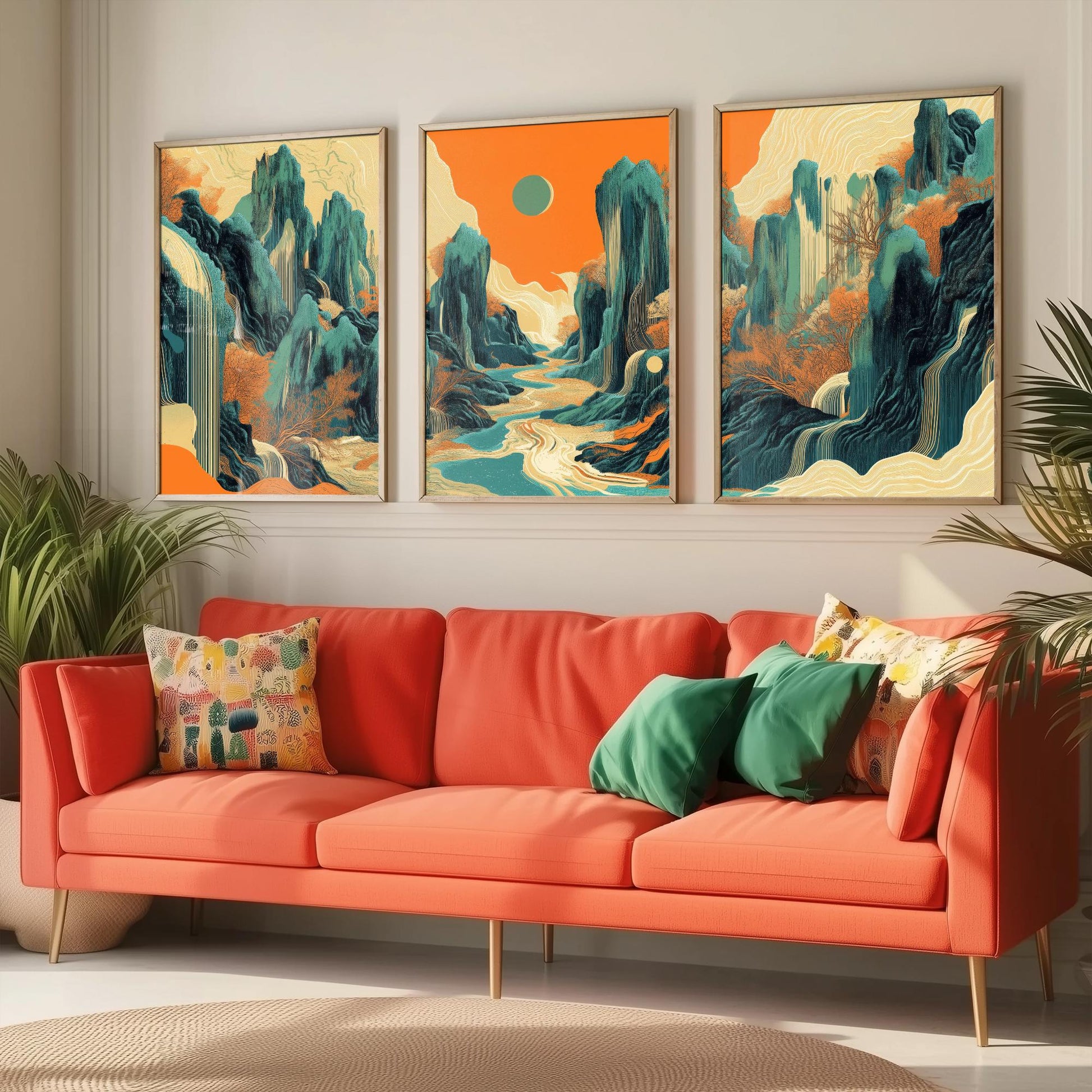 Conceptual Canyon Set of Three Art Prints V2 - Teal Karst Panorama - Abstract Landscape River Illustration Poster Wall Decor