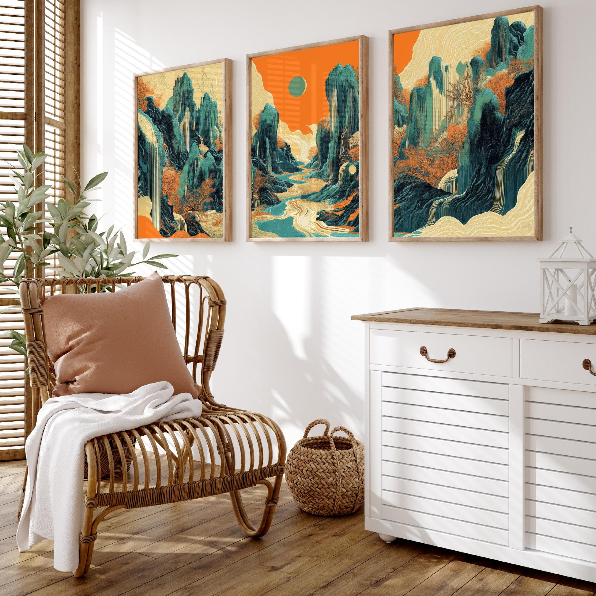 Conceptual Canyon Set of Three Art Prints V2 - Teal Karst Panorama - Abstract Landscape River Illustration Poster Wall Decor
