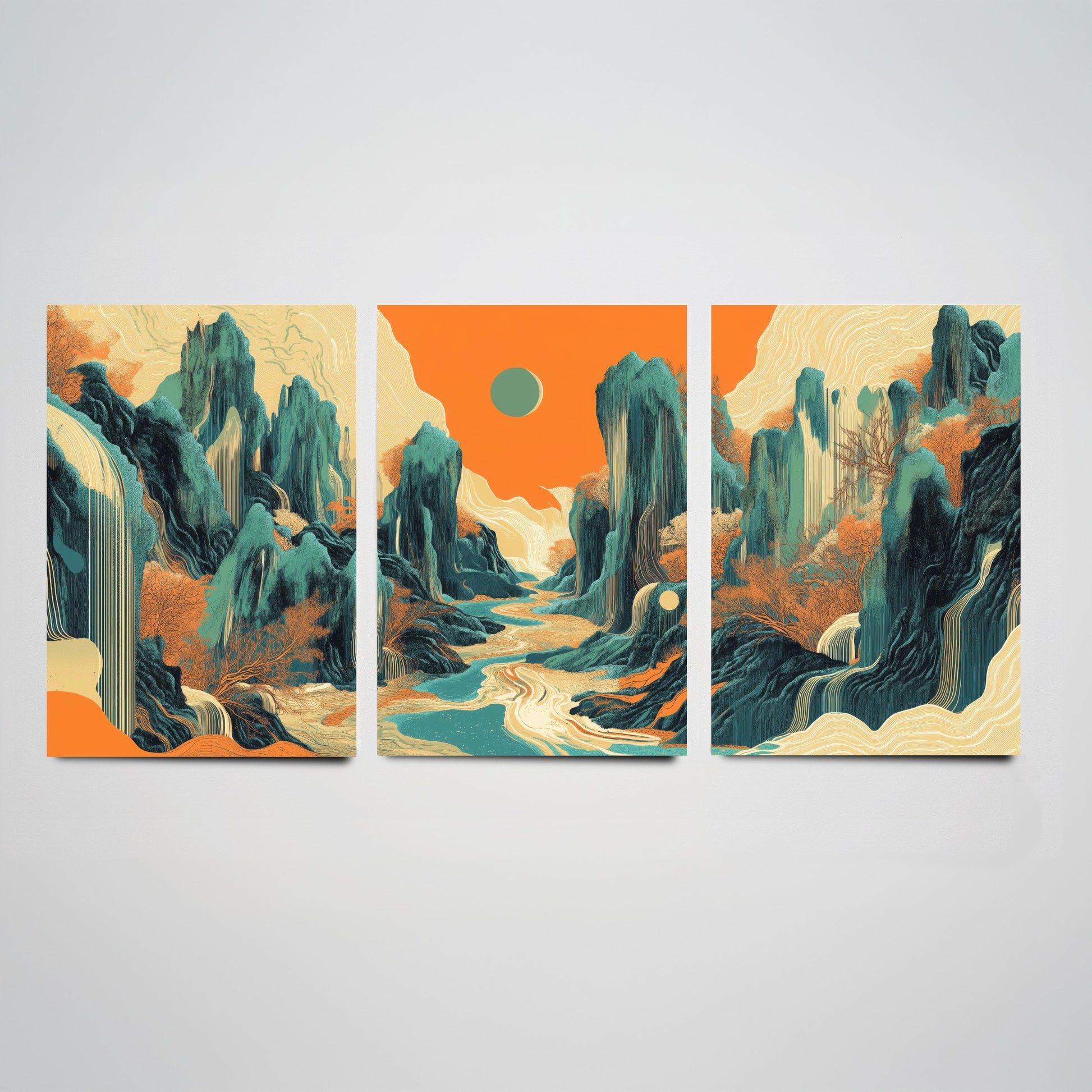 Conceptual Canyon Set of Three Art Prints V2 - Teal Karst Panorama - Abstract Landscape River Illustration Poster Wall Decor