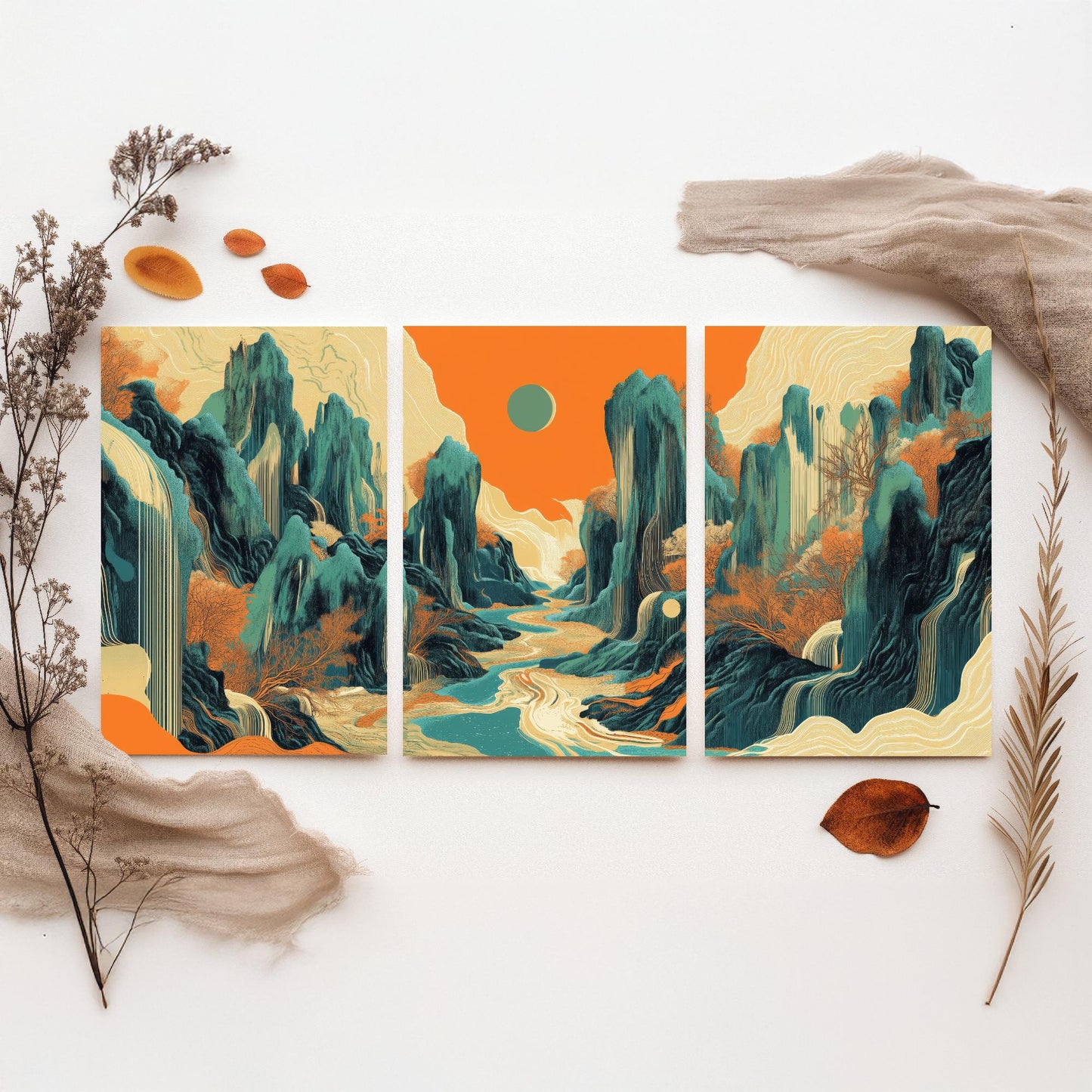 Conceptual Canyon Set of Three Art Prints V2 - Teal Karst Panorama - Abstract Landscape River Illustration Poster Wall Decor