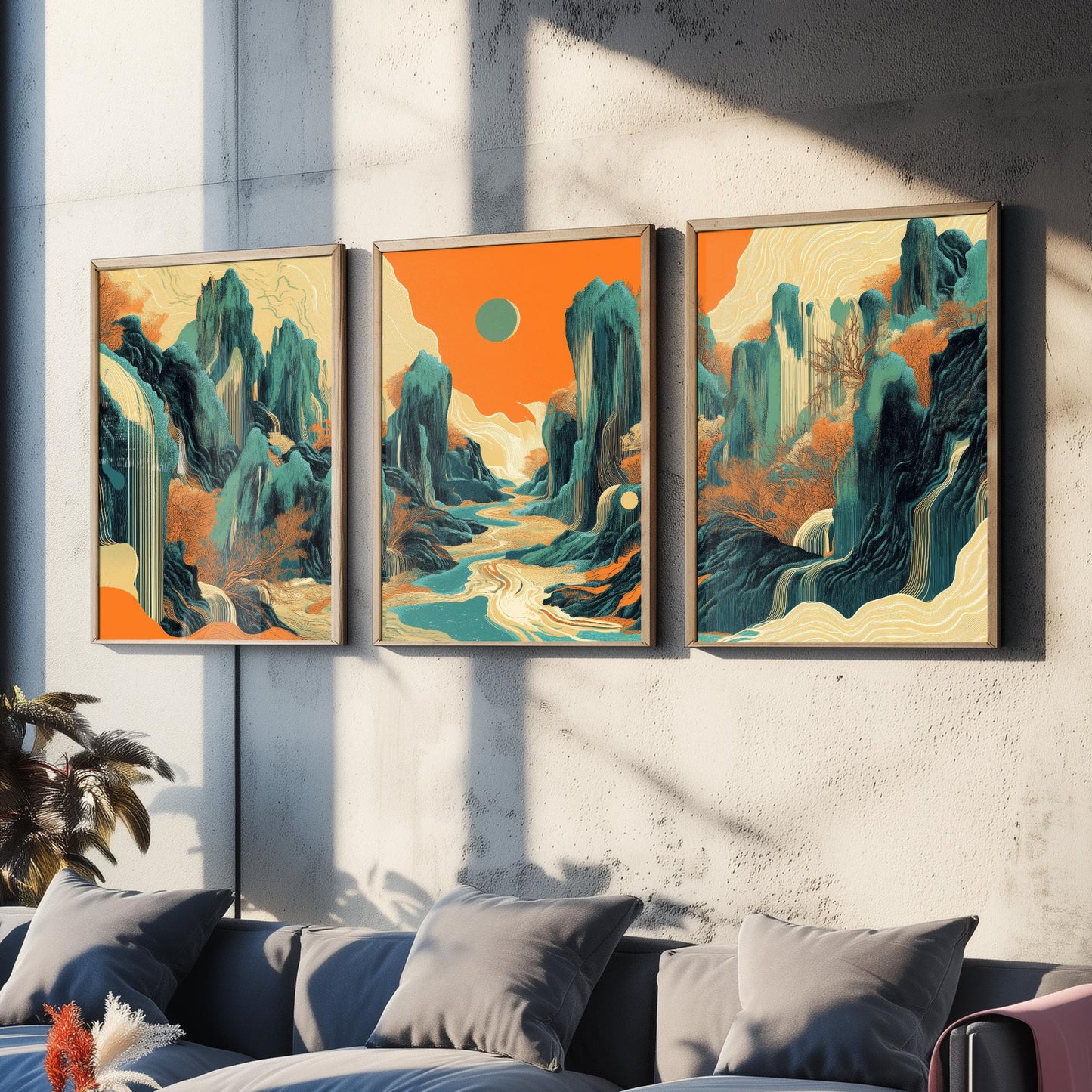 Conceptual Canyon Set of Three Art Prints V2 - Teal Karst Panorama - Abstract Landscape River Illustration Poster Wall Decor