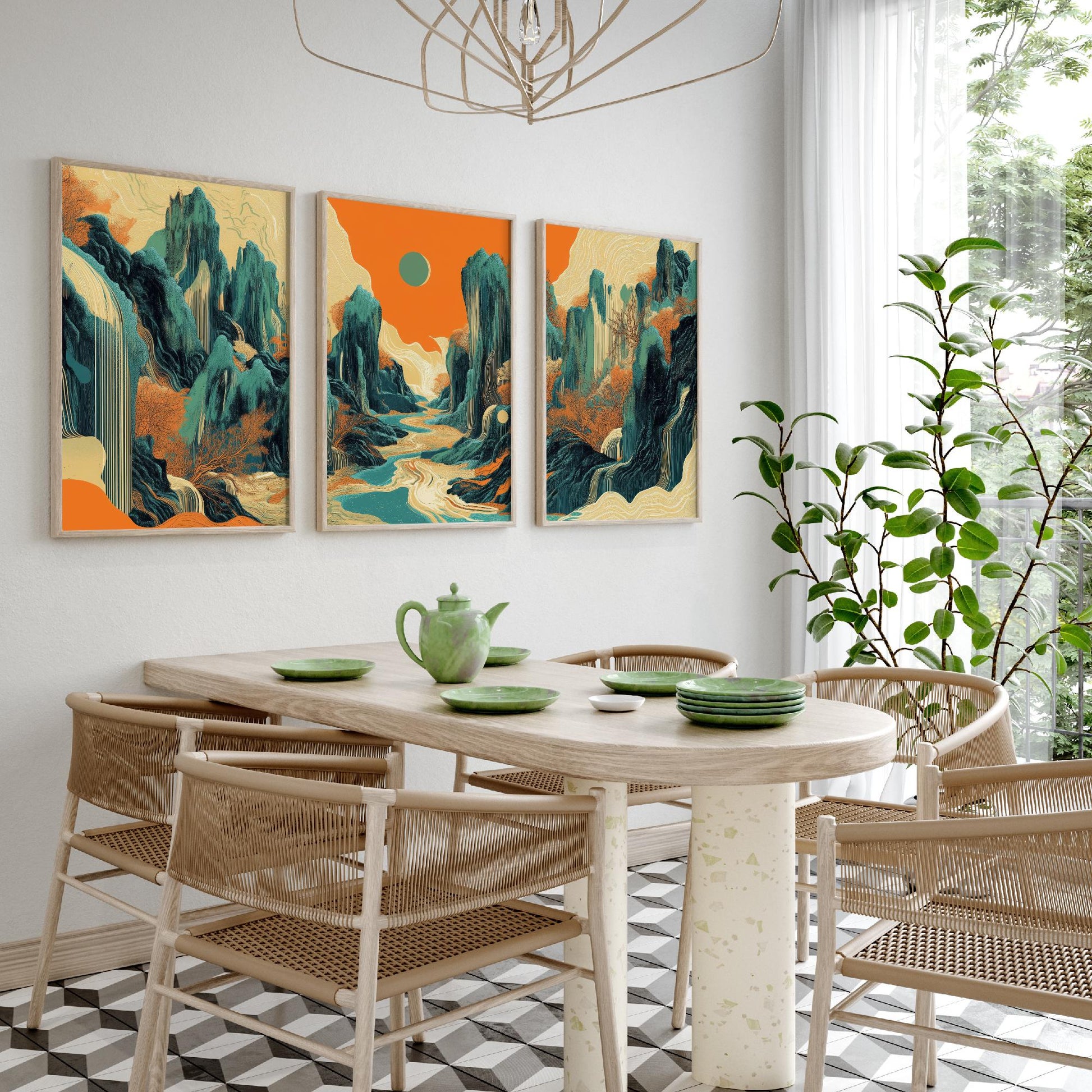Conceptual Canyon Set of Three Art Prints V2 - Teal Karst Panorama - Abstract Landscape River Illustration Poster Wall Decor