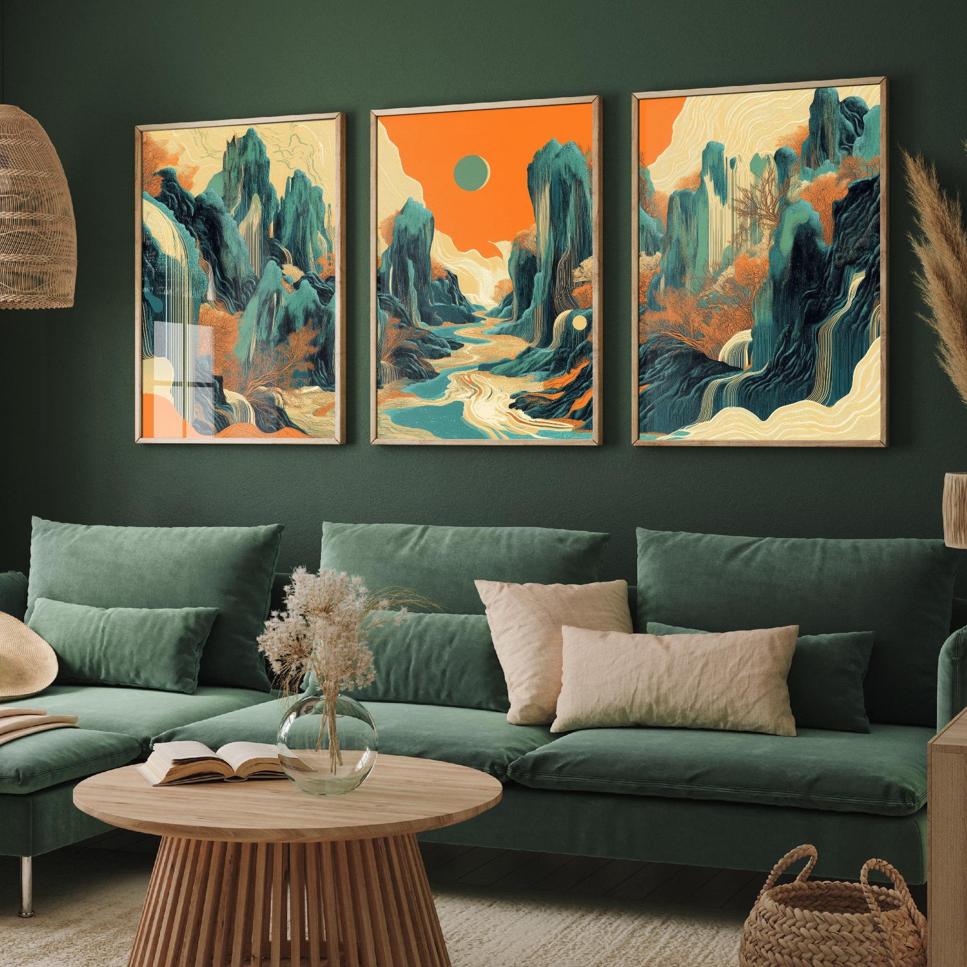 Conceptual Canyon Set of Three Art Prints V2 - Teal Karst Panorama - Abstract Landscape River Illustration Poster Wall Decor