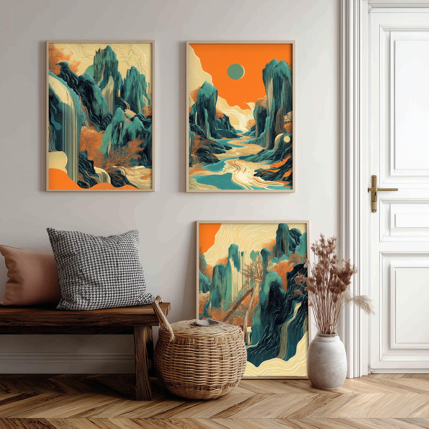 Conceptual Canyon Set of Three Art Prints V2 - Teal Karst Panorama - Abstract Landscape River Illustration Poster Wall Decor