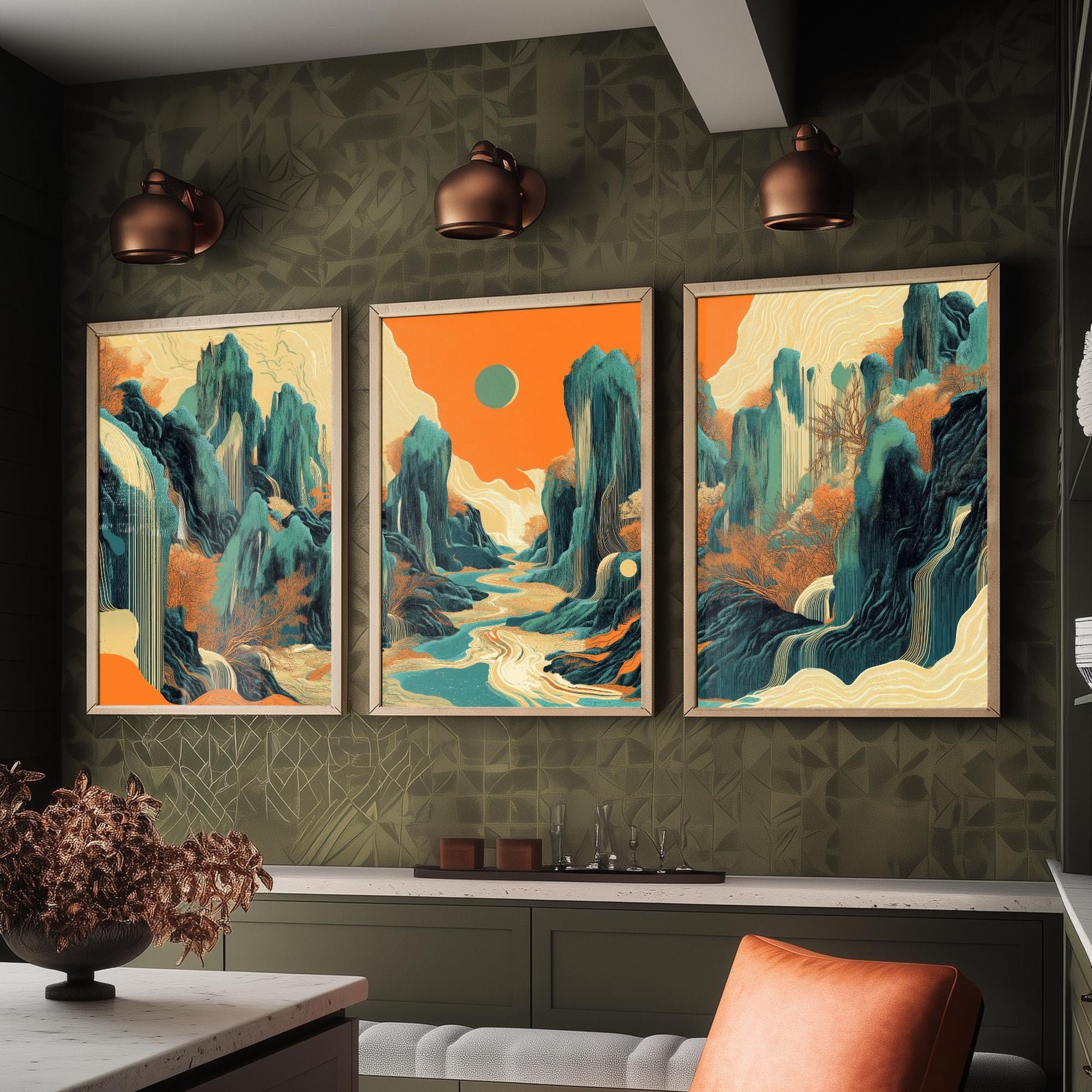 Conceptual Canyon Set of Three Art Prints V2 - Teal Karst Panorama - Abstract Landscape River Illustration Poster Wall Decor