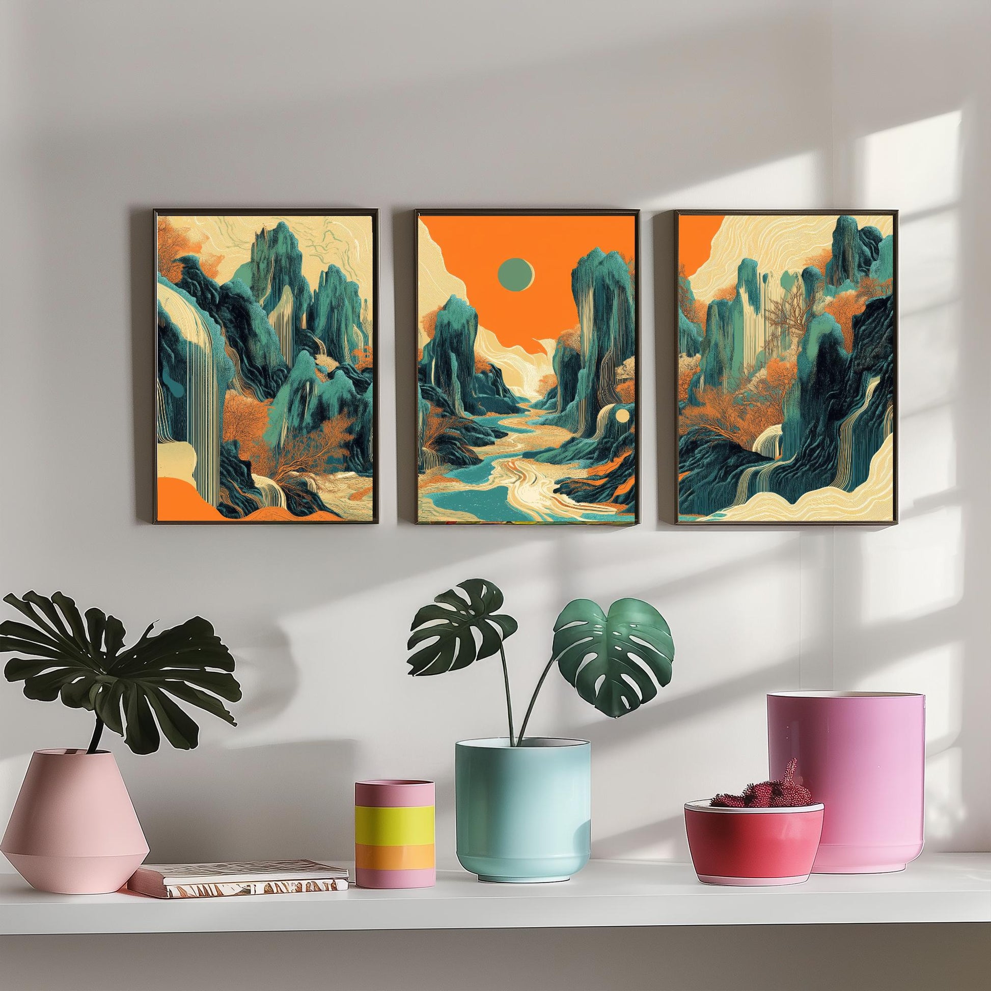Conceptual Canyon Set of Three Art Prints V2 - Teal Karst Panorama - Abstract Landscape River Illustration Poster Wall Decor