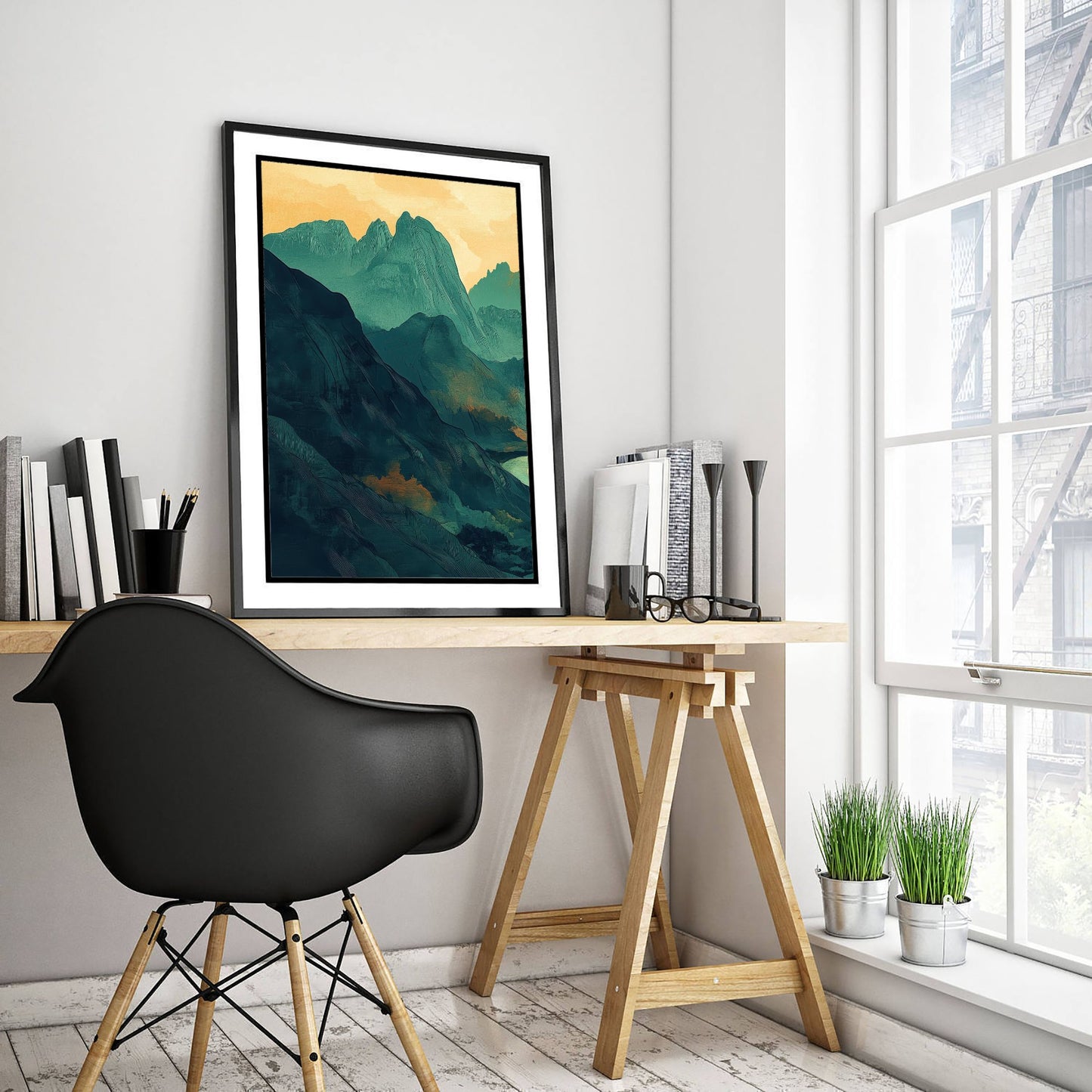Abstract Mountain Art Print - Green and Orange Boho Landscape Poster - Mid Century Sunset Painting - River Valley V3 1/3