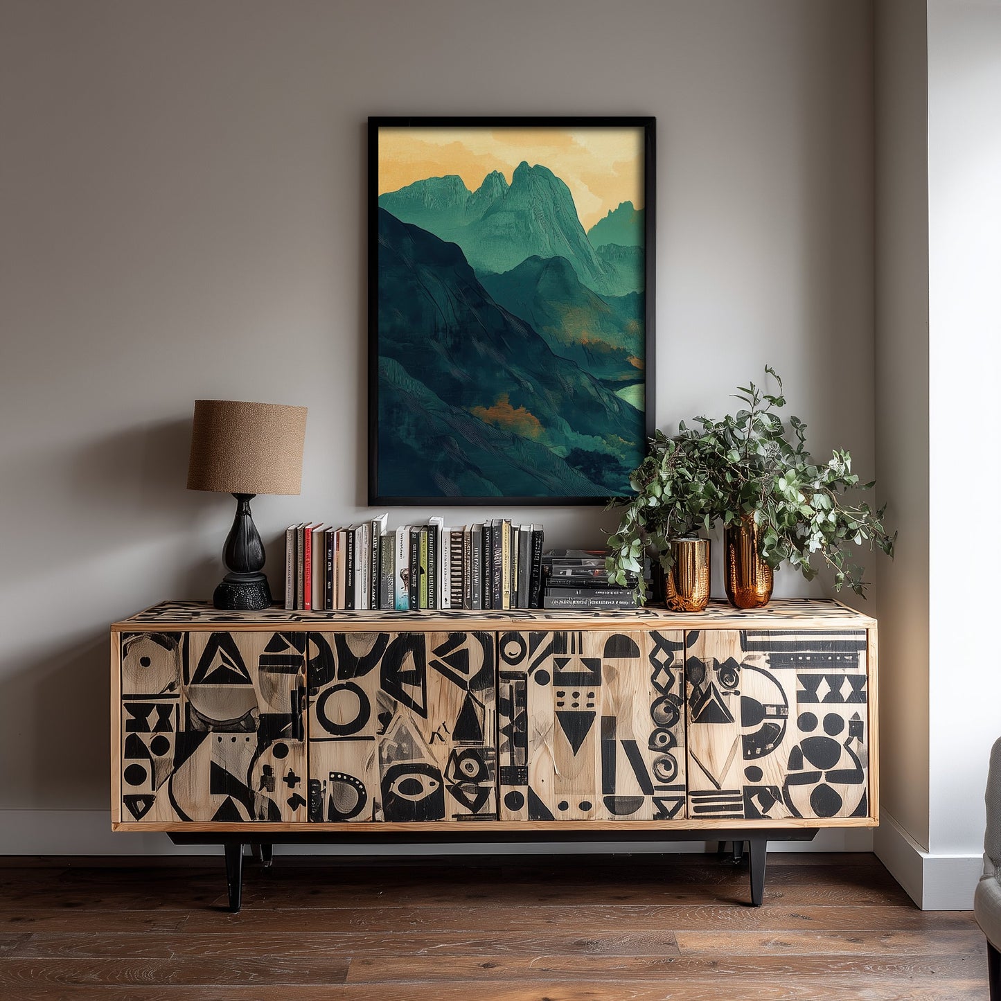 Abstract Mountain Art Print - Green and Orange Boho Landscape Poster - Mid Century Sunset Painting - River Valley V3 1/3