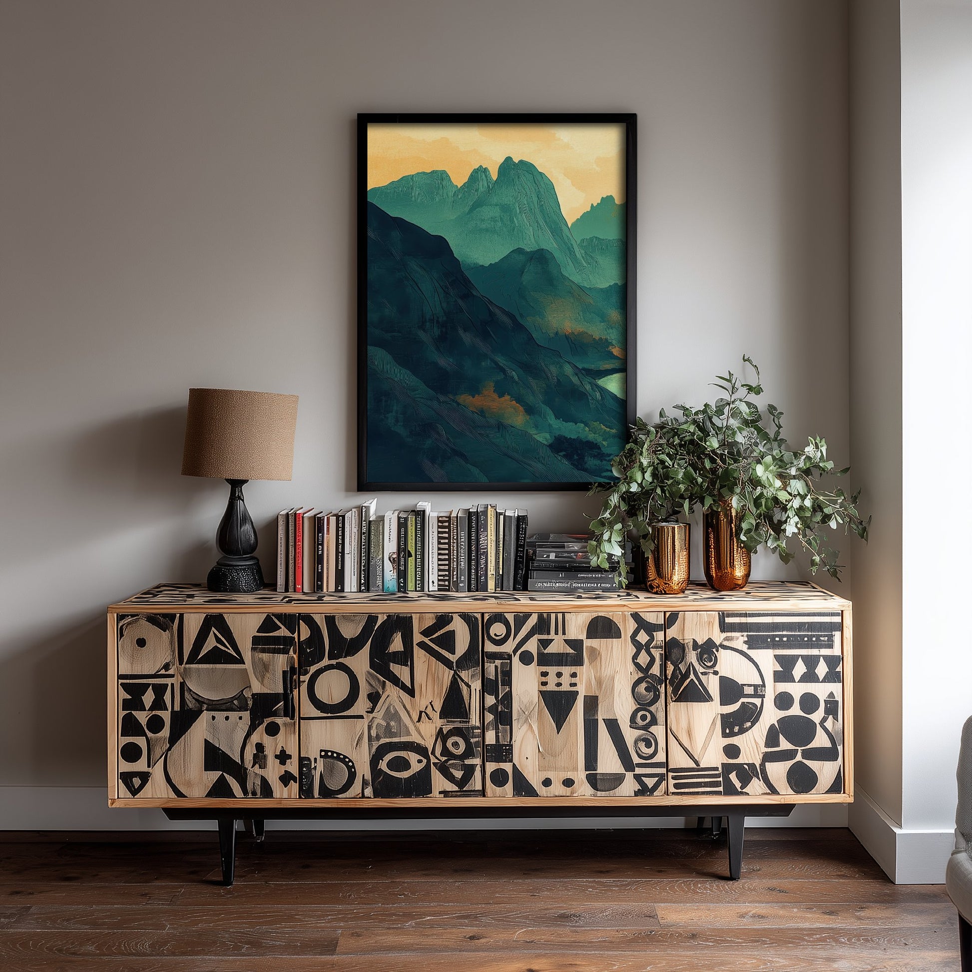 Abstract Mountain Art Print - Green and Orange Boho Landscape Poster - Mid Century Sunset Painting - River Valley V3 1/3