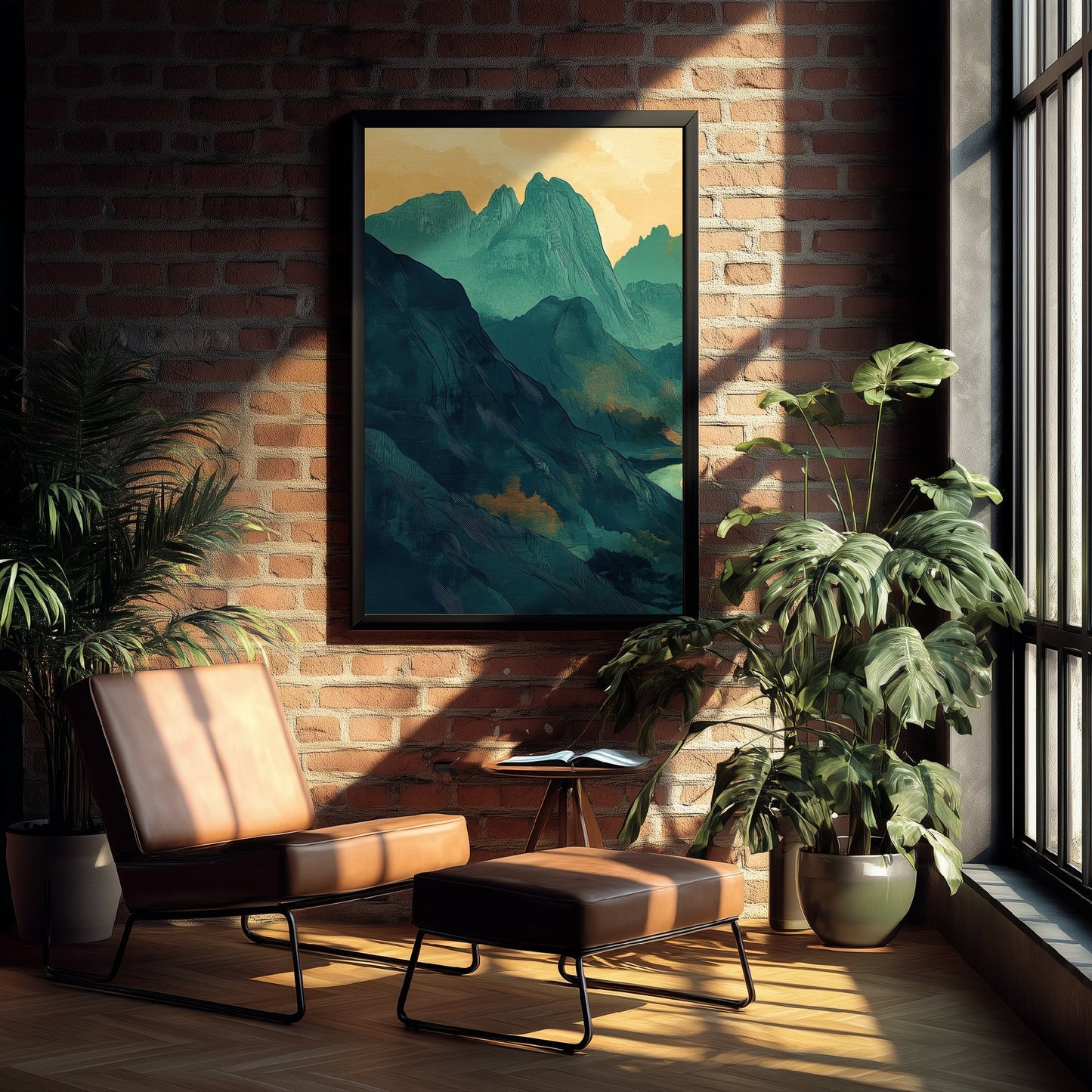 Abstract Mountain Art Print - Green and Orange Boho Landscape Poster - Mid Century Sunset Painting - River Valley V3 1/3