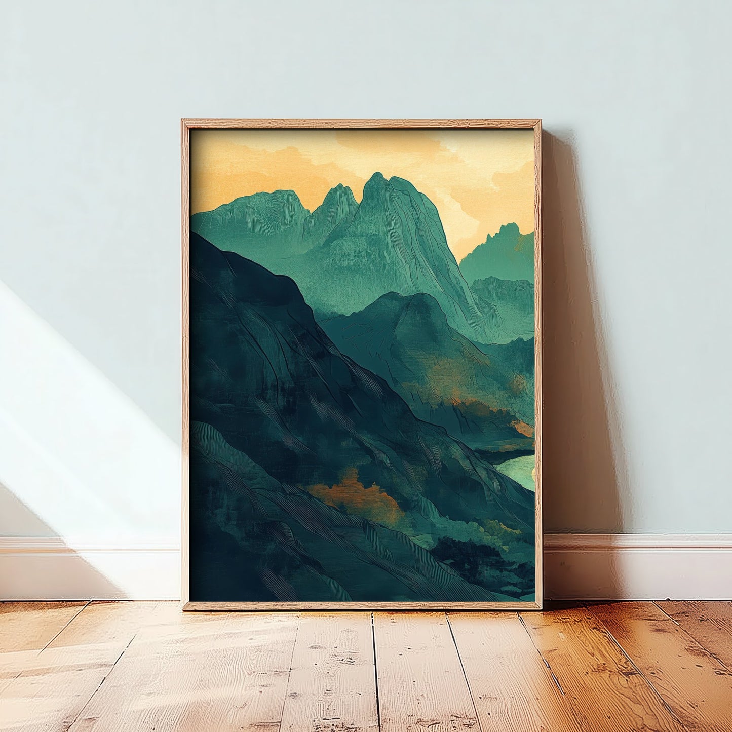 Abstract Mountain Art Print - Green and Orange Boho Landscape Poster - Mid Century Sunset Painting - River Valley V3 1/3