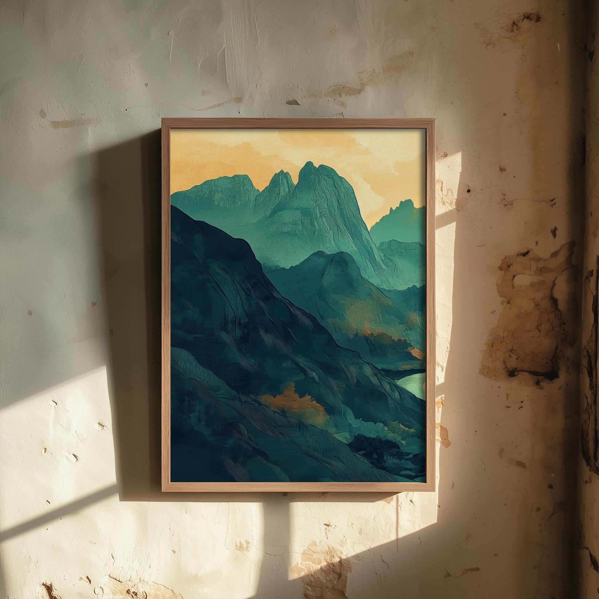 Abstract Mountain Art Print - Green and Orange Boho Landscape Poster - Mid Century Sunset Painting - River Valley V3 1/3