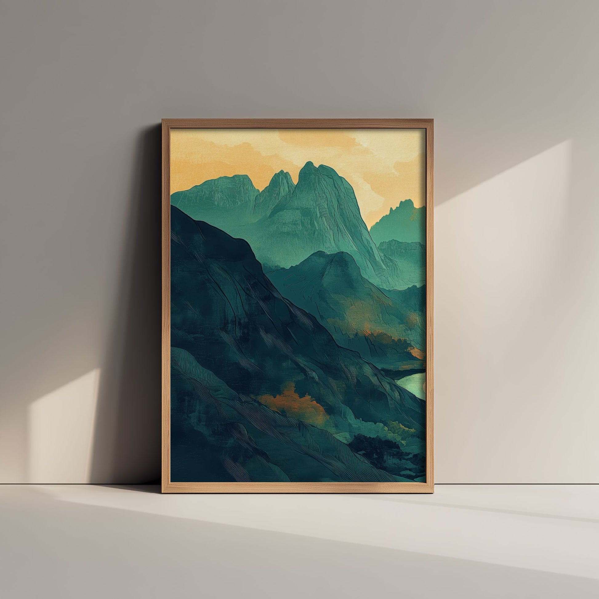 Abstract Mountain Art Print - Green and Orange Boho Landscape Poster - Mid Century Sunset Painting - River Valley V3 1/3