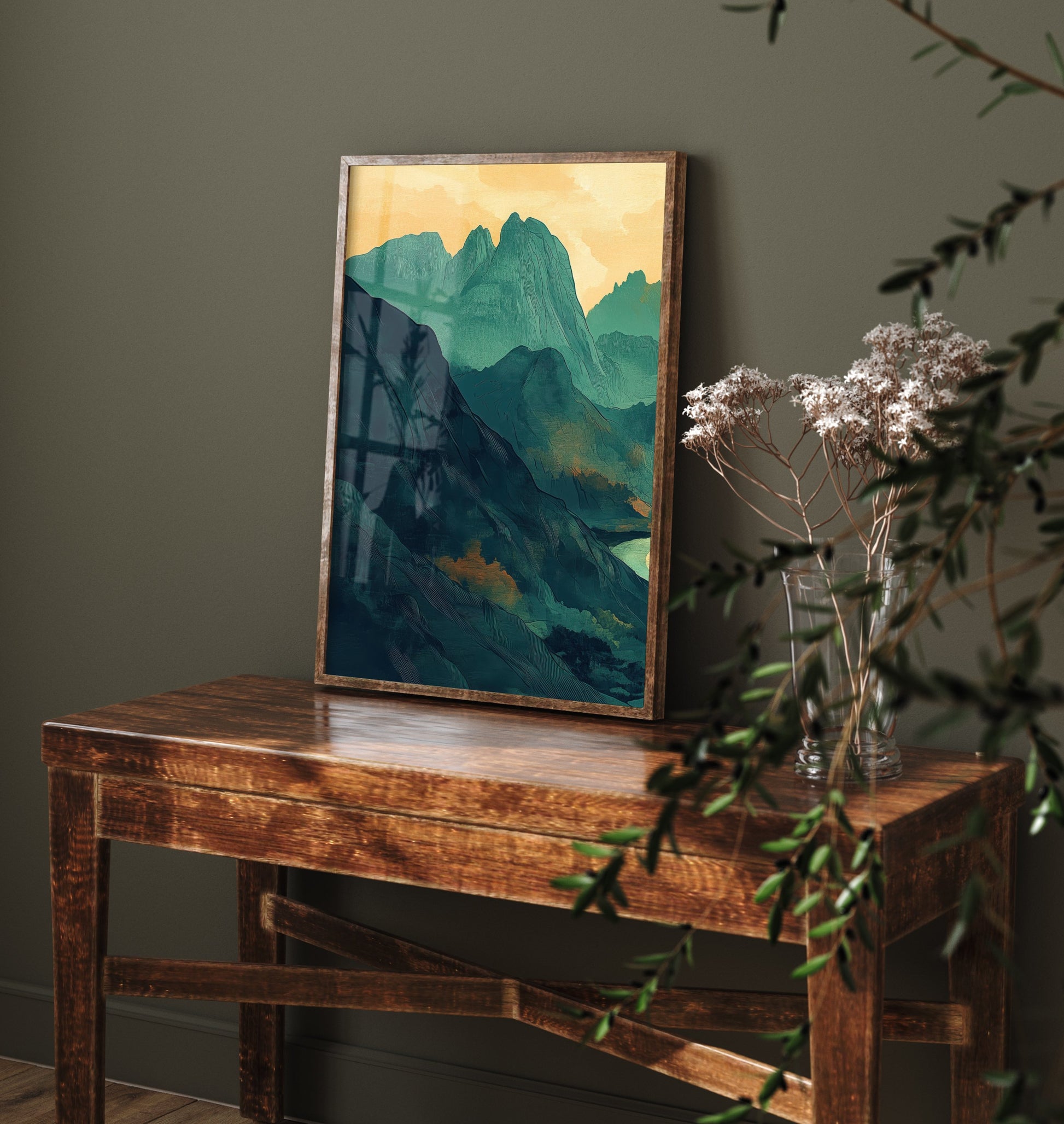 Abstract Mountain Art Print - Green and Orange Boho Landscape Poster - Mid Century Sunset Painting - River Valley V3 1/3