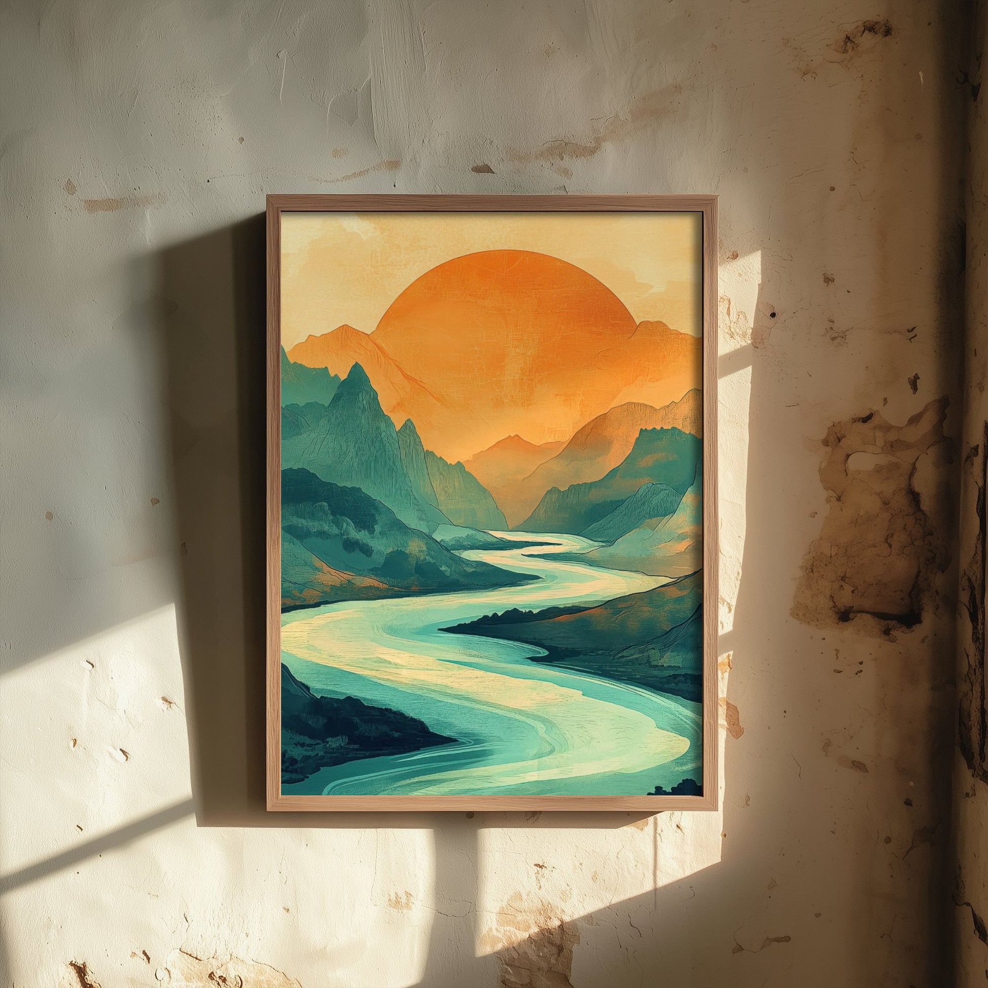 Abstract Mountain Sun Art Print - Green and Orange Boho Landscape Poster - Mid Century Sunset Painting - River V3 2/3