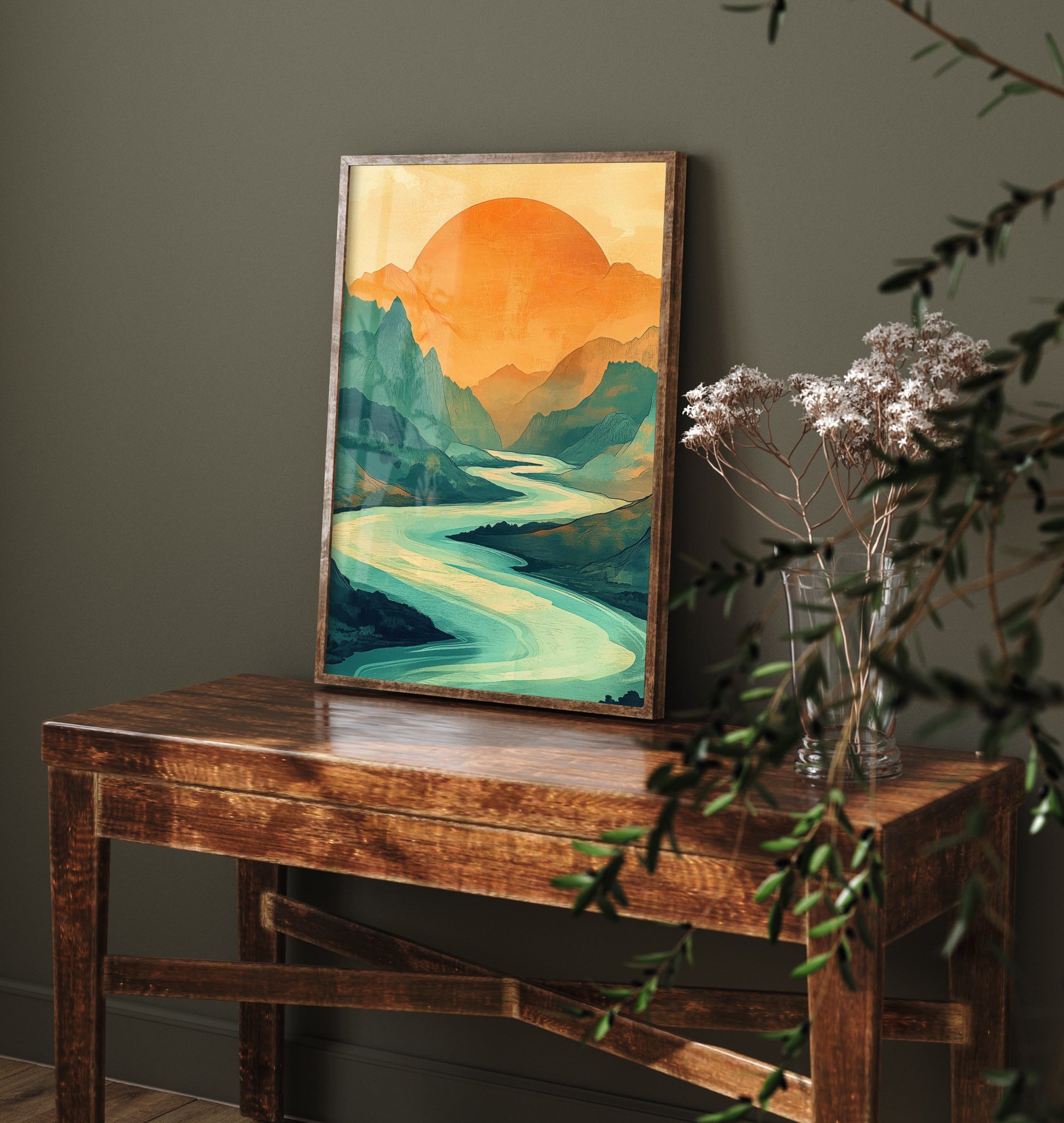 Abstract Mountain Sun Art Print - Green and Orange Boho Landscape Poster - Mid Century Sunset Painting - River V3 2/3