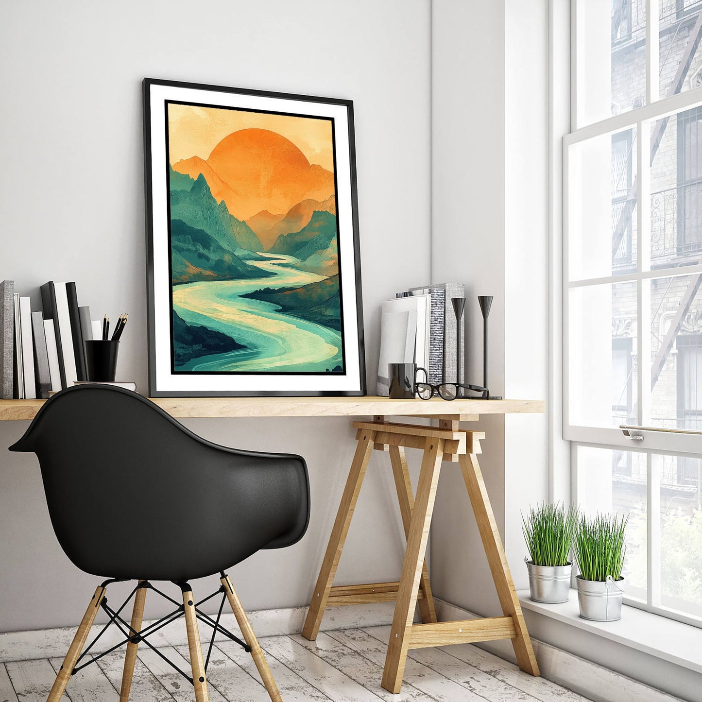 Abstract Mountain Sun Art Print - Green and Orange Boho Landscape Poster - Mid Century Sunset Painting - River V3 2/3