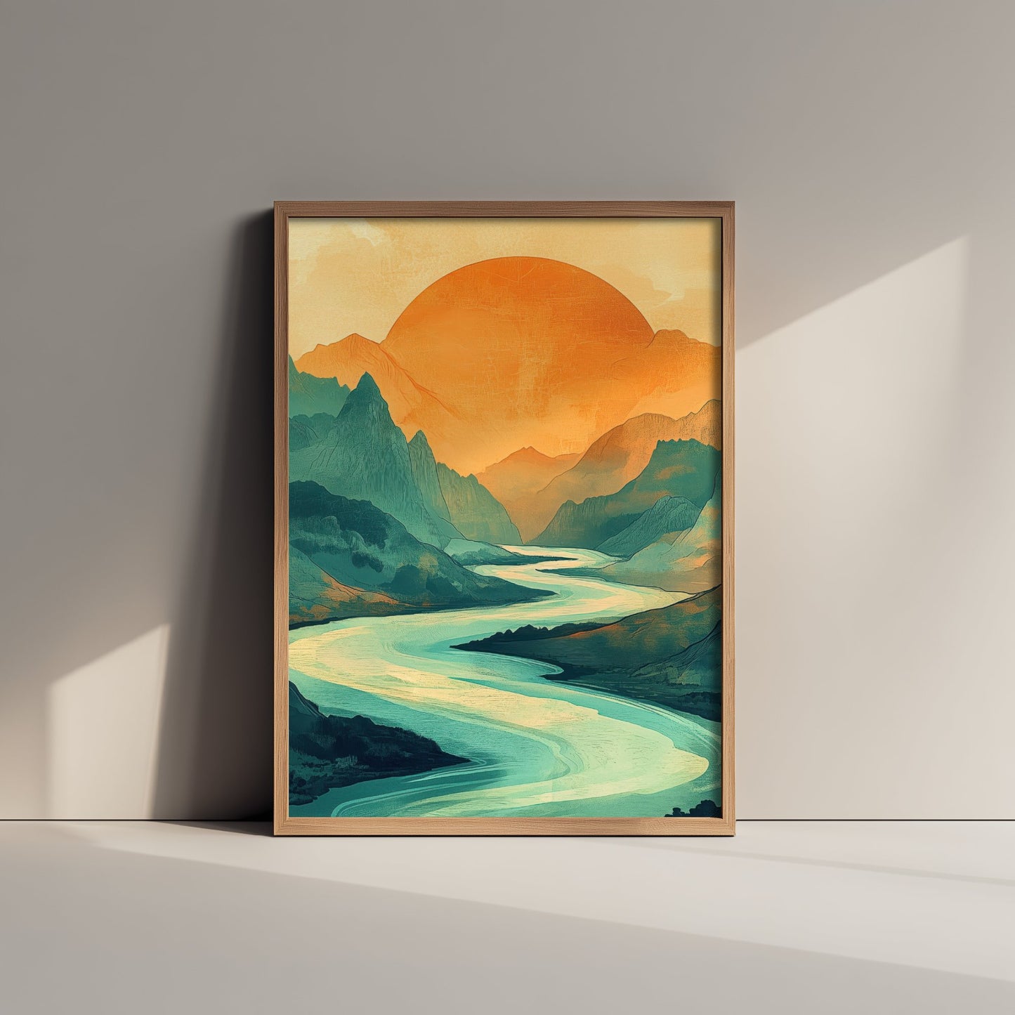 Abstract Mountain Sun Art Print - Green and Orange Boho Landscape Poster - Mid Century Sunset Painting - River V3 2/3