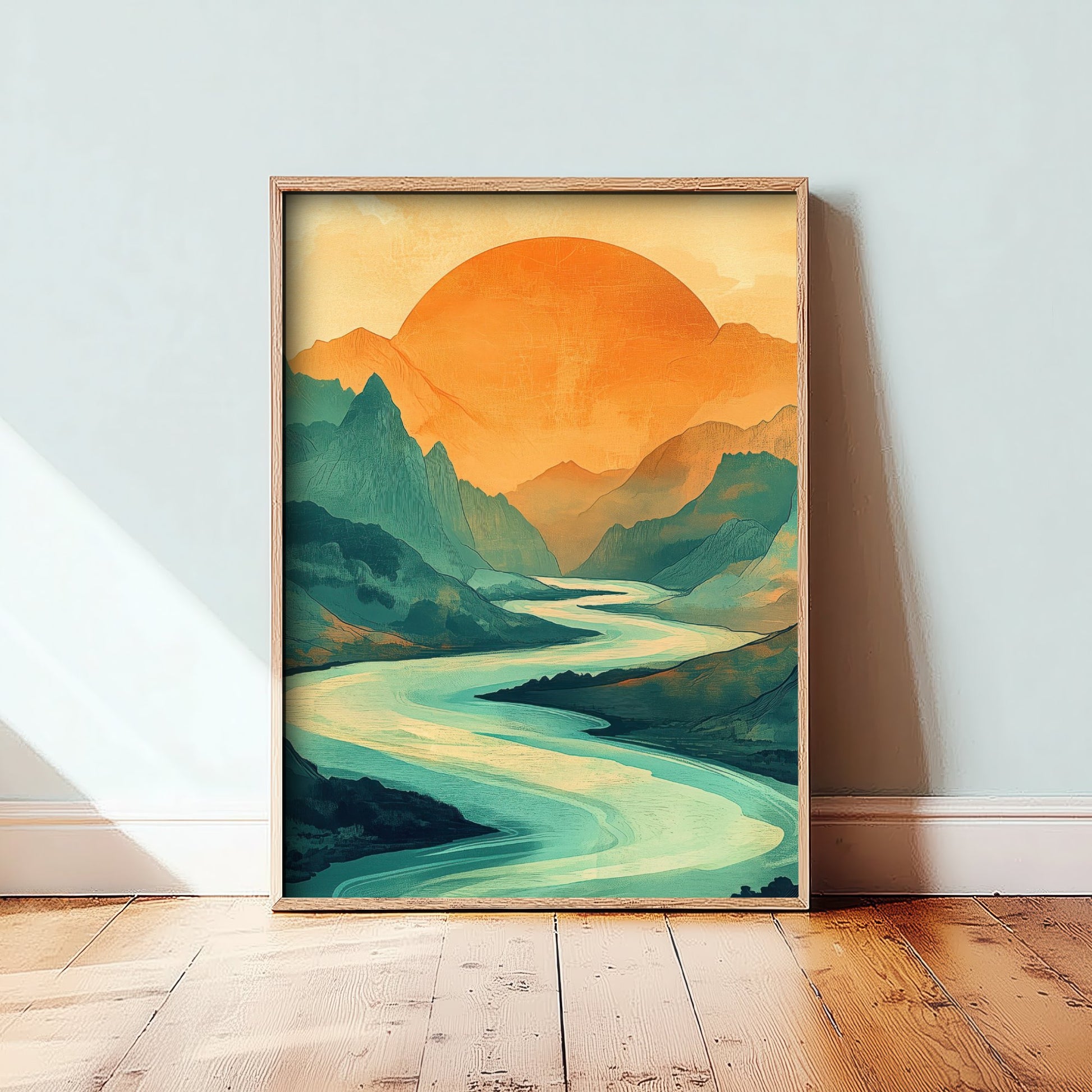 Abstract Mountain Sun Art Print - Green and Orange Boho Landscape Poster - Mid Century Sunset Painting - River V3 2/3