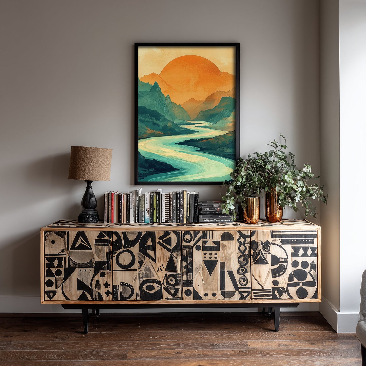 Abstract Mountain Sun Art Print - Green and Orange Boho Landscape Poster - Mid Century Sunset Painting - River V3 2/3