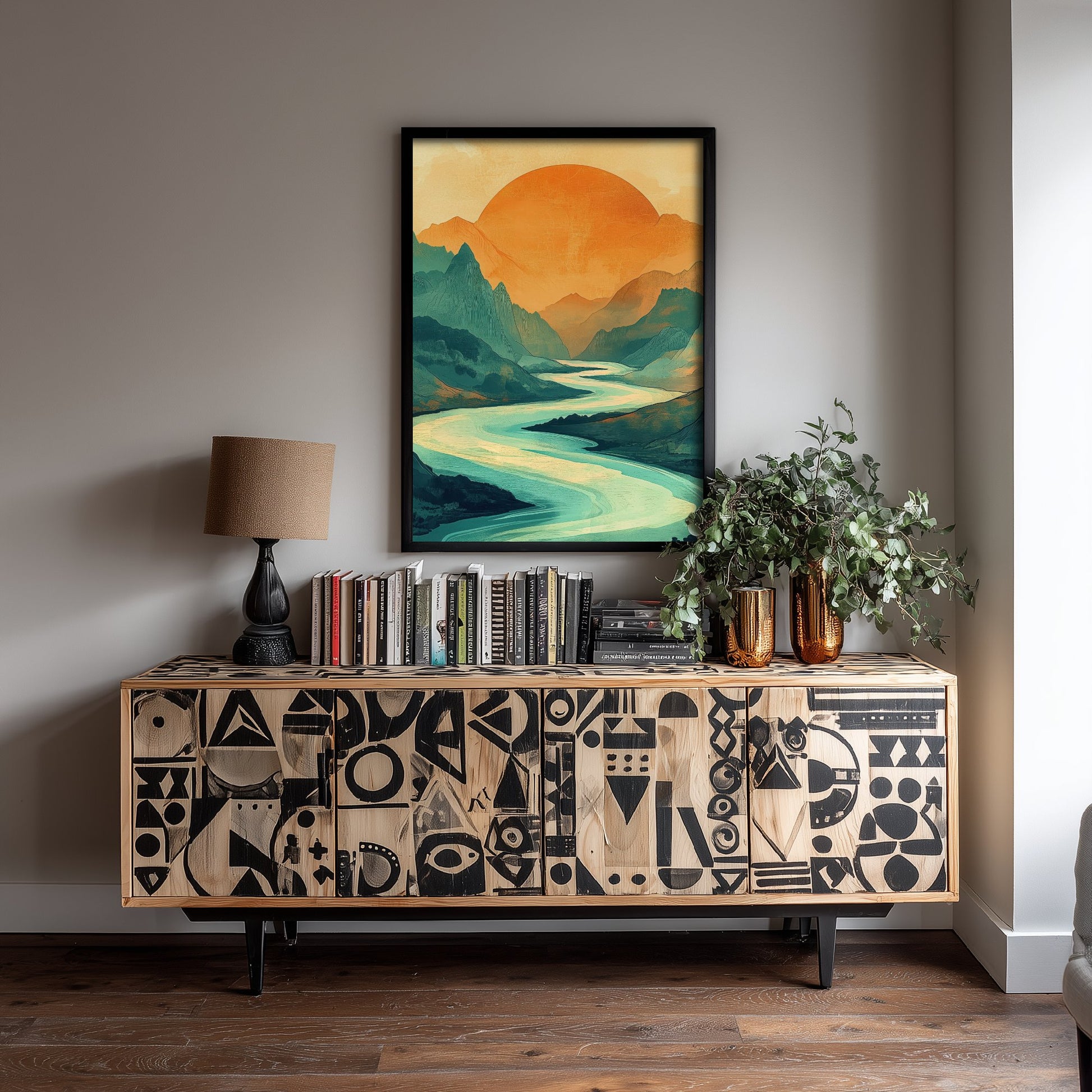 Abstract Mountain Sun Art Print - Green and Orange Boho Landscape Poster - Mid Century Sunset Painting - River V3 2/3