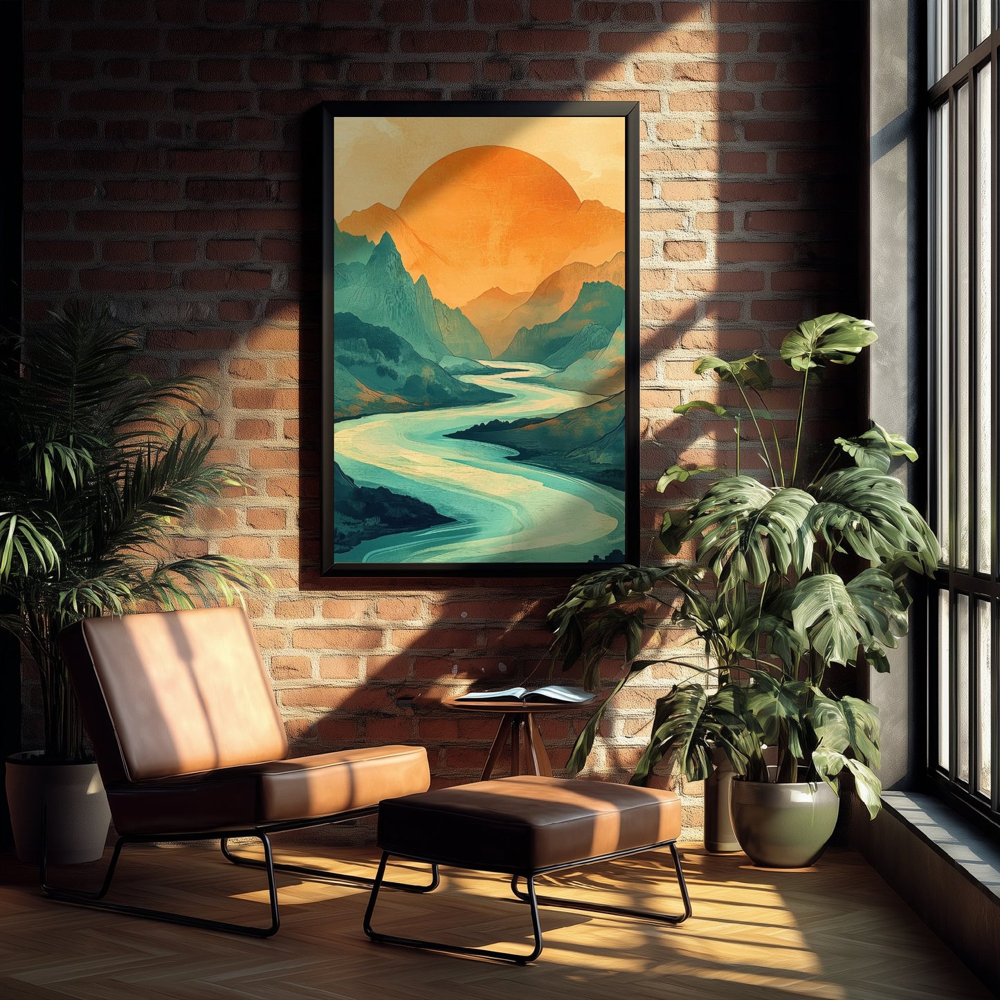 Abstract Mountain Sun Art Print - Green and Orange Boho Landscape Poster - Mid Century Sunset Painting - River V3 2/3