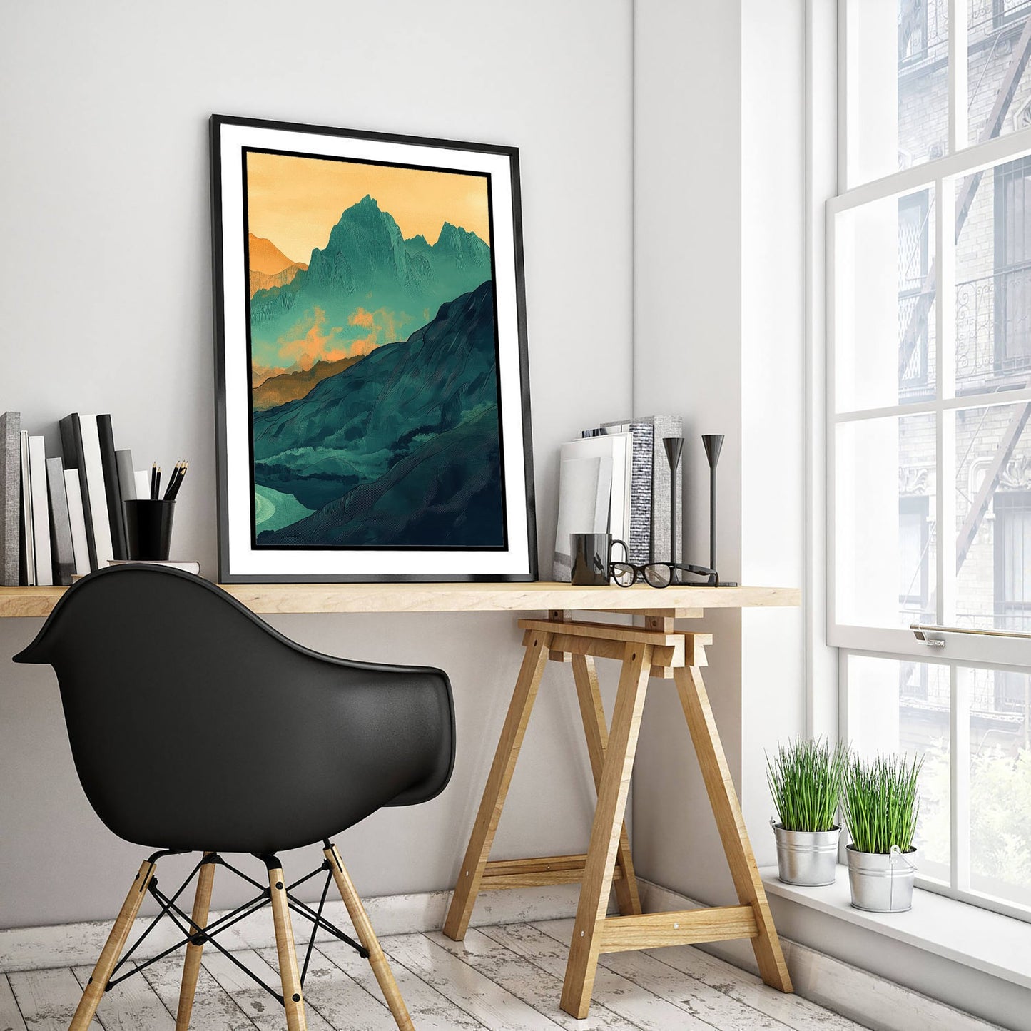 Abstract Mountain Art Print - Green and Orange Boho Landscape Poster - Mid Century Sunset Painting - Golden Peaks V3 3/3