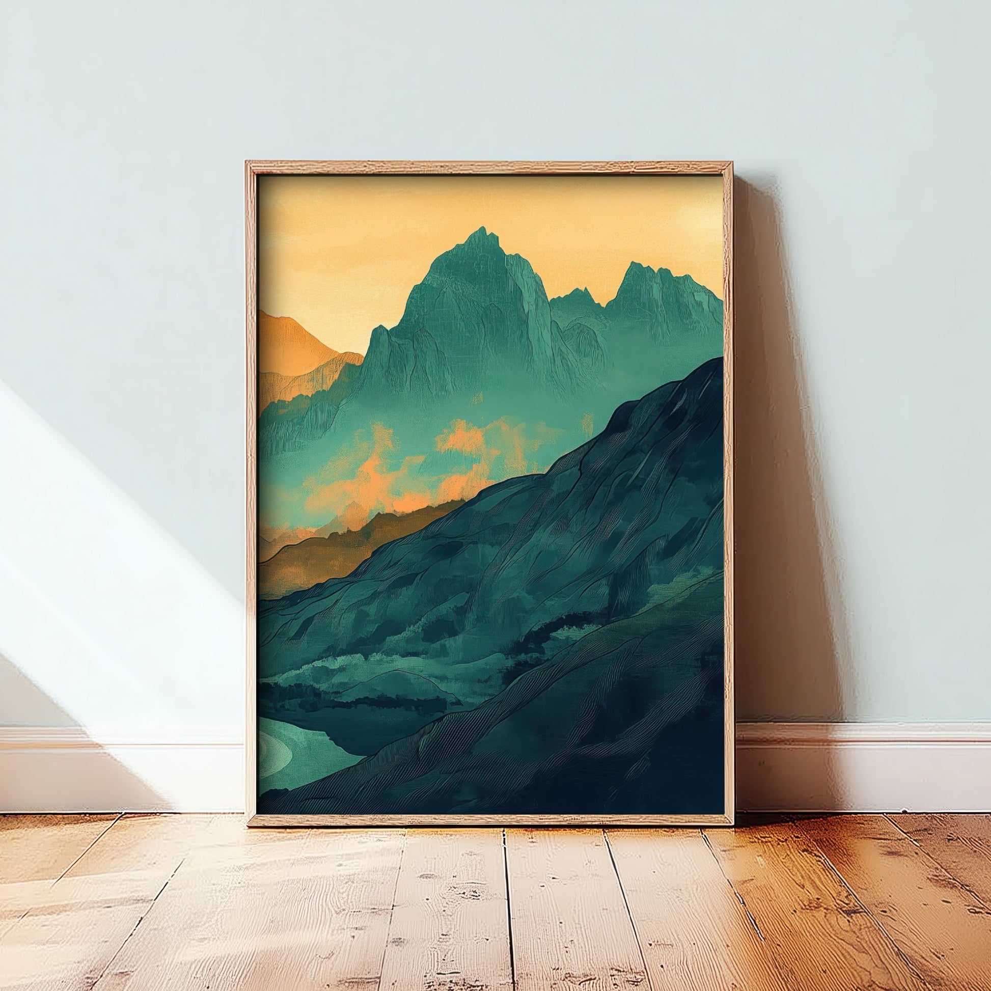 Abstract Mountain Art Print - Green and Orange Boho Landscape Poster - Mid Century Sunset Painting - Golden Peaks V3 3/3