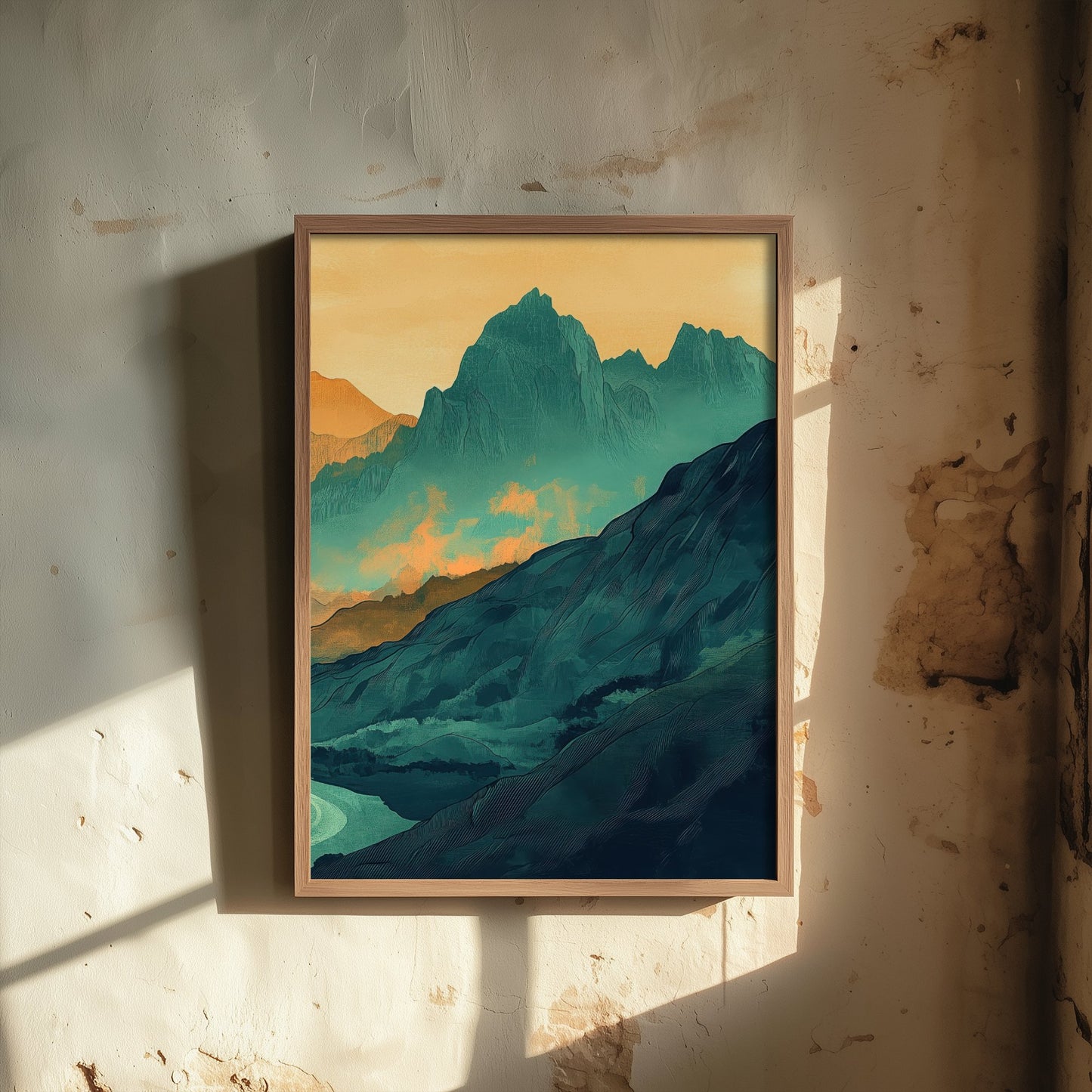 Abstract Mountain Art Print - Green and Orange Boho Landscape Poster - Mid Century Sunset Painting - Golden Peaks V3 3/3