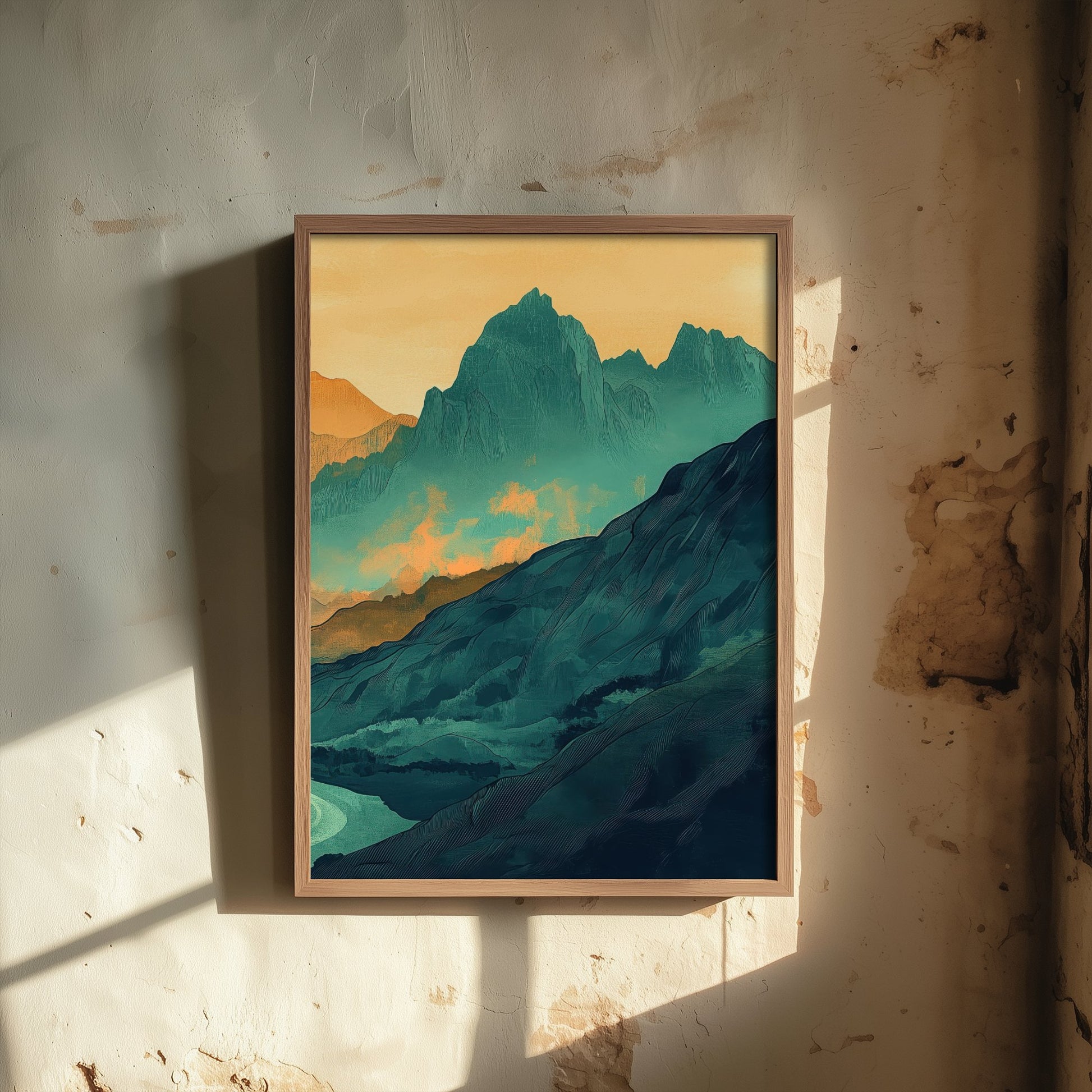 Abstract Mountain Art Print - Green and Orange Boho Landscape Poster - Mid Century Sunset Painting - Golden Peaks V3 3/3