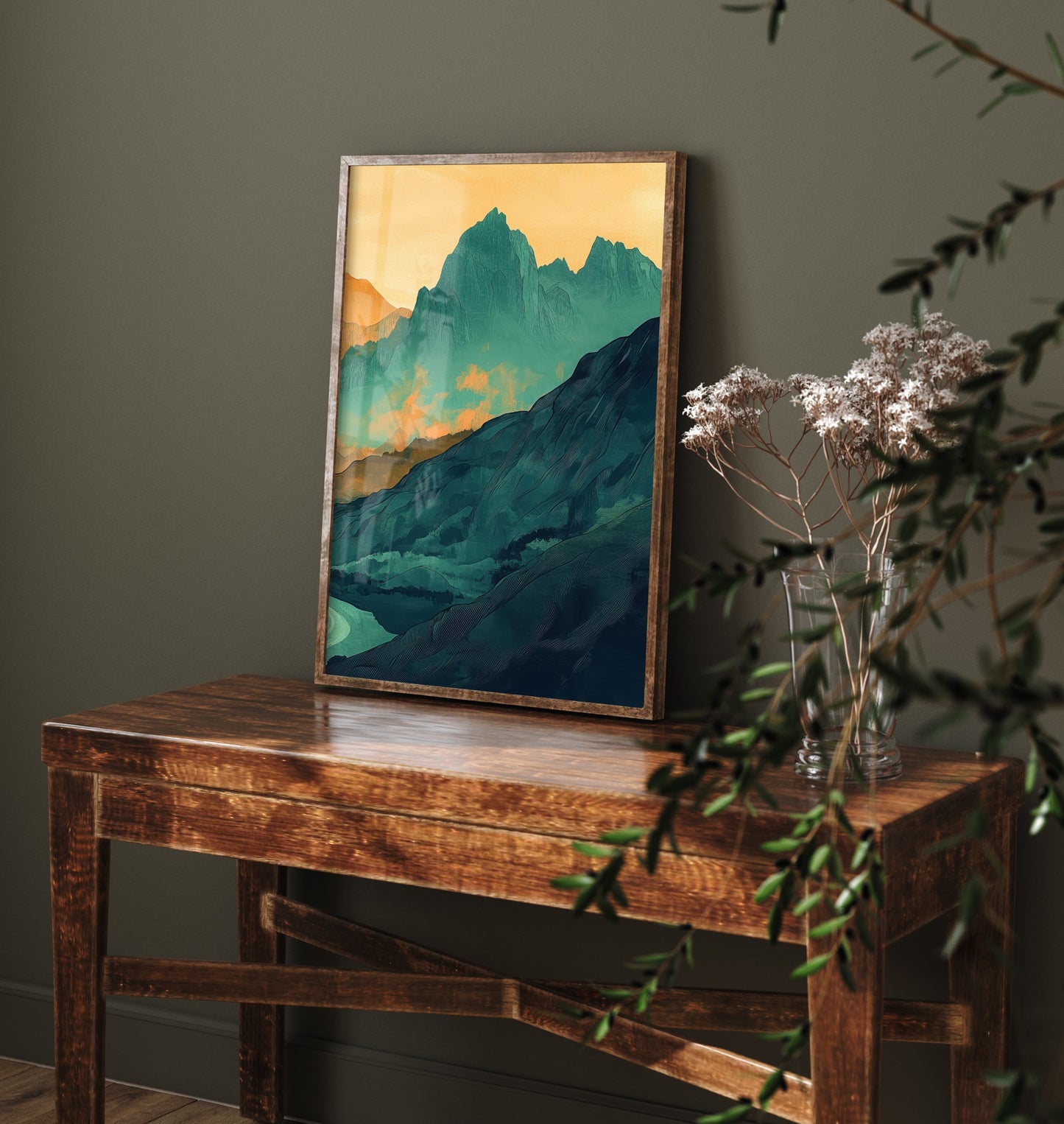 Abstract Mountain Art Print - Green and Orange Boho Landscape Poster - Mid Century Sunset Painting - Golden Peaks V3 3/3