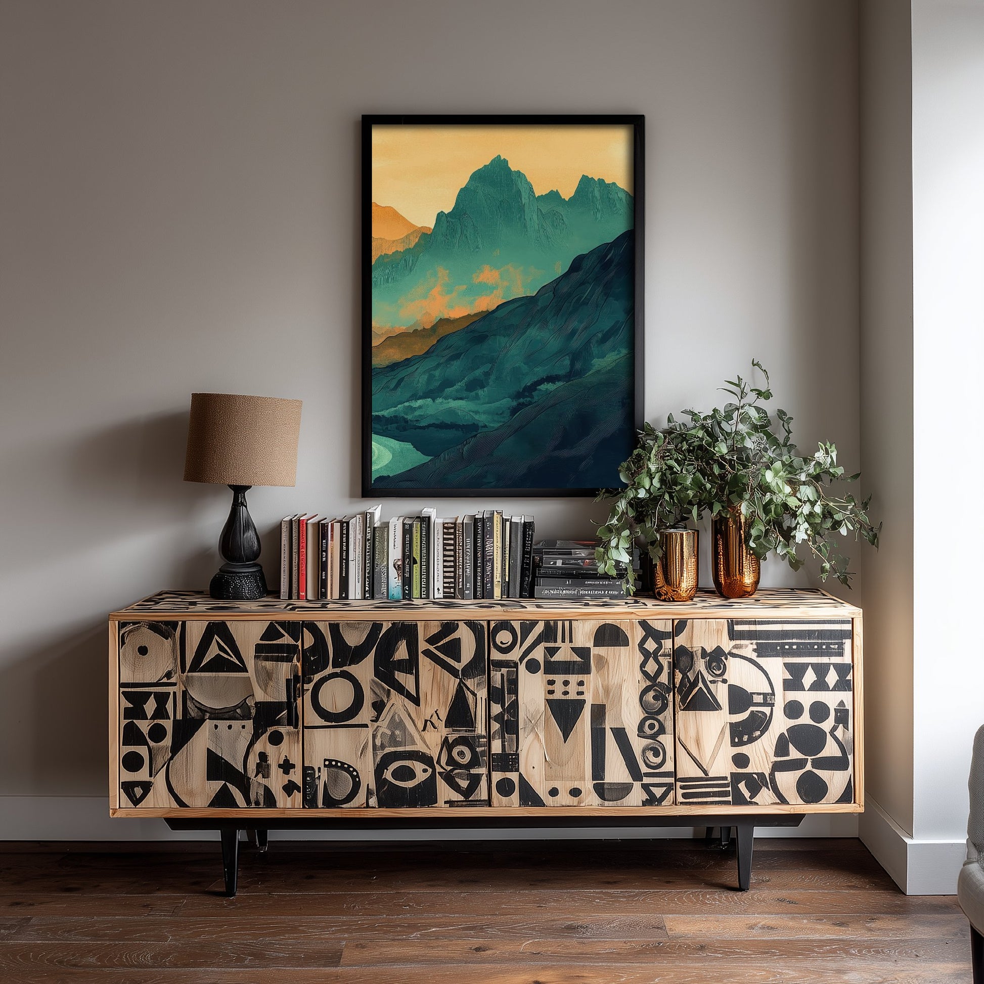 Abstract Mountain Art Print - Green and Orange Boho Landscape Poster - Mid Century Sunset Painting - Golden Peaks V3 3/3