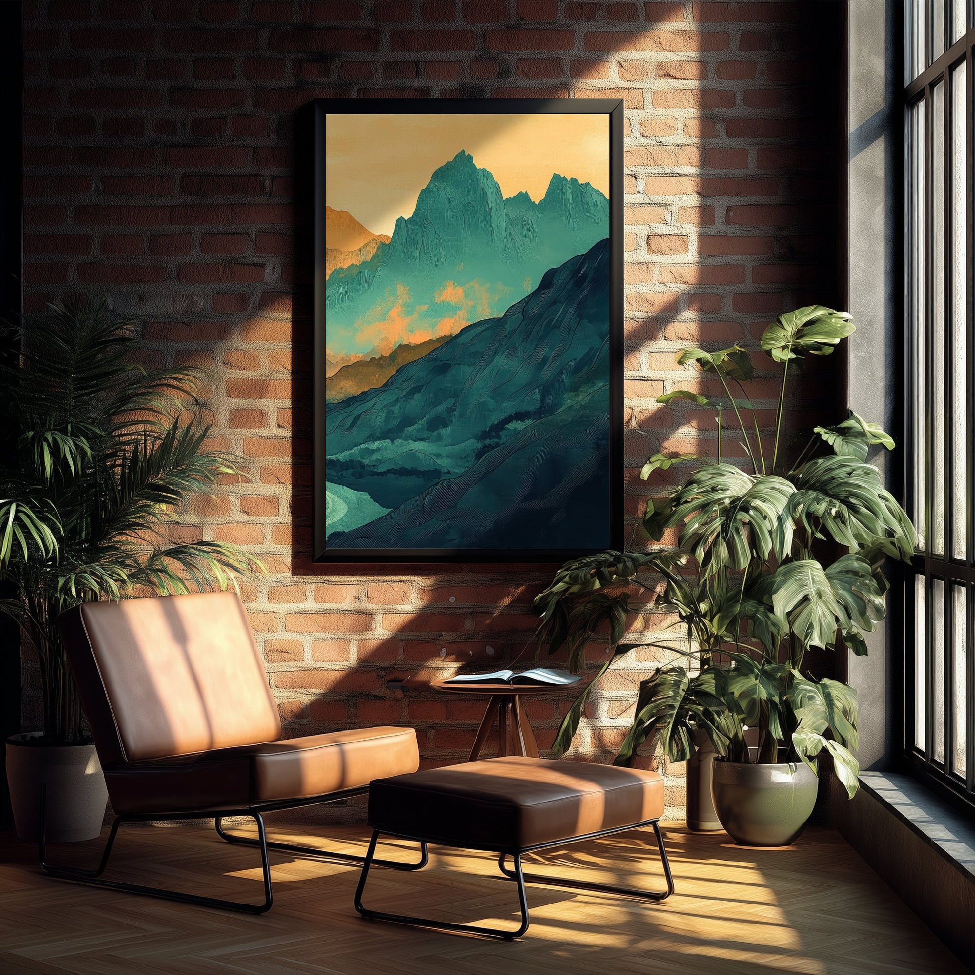 Abstract Mountain Art Print - Green and Orange Boho Landscape Poster - Mid Century Sunset Painting - Golden Peaks V3 3/3