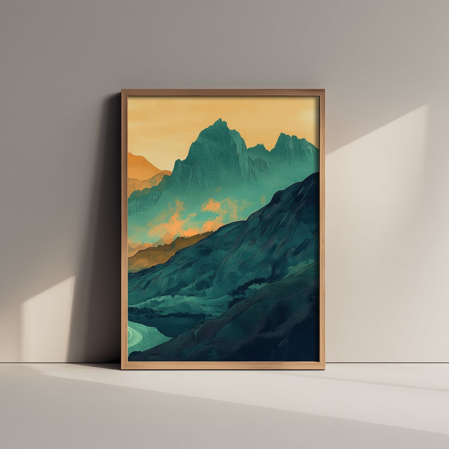Abstract Mountain Art Print - Green and Orange Boho Landscape Poster - Mid Century Sunset Painting - Golden Peaks V3 3/3