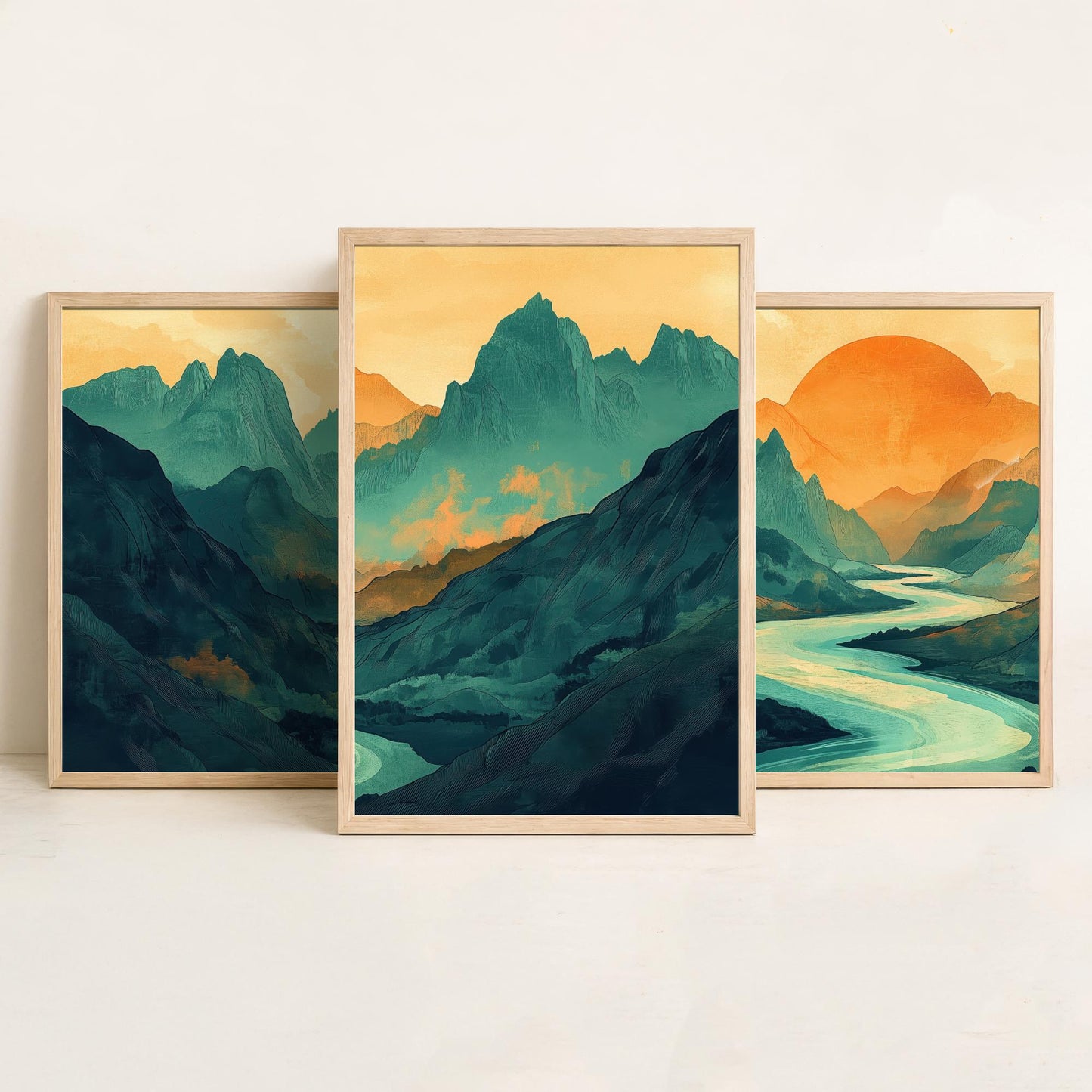 Conceptual Canyon Set of Three Prints V3 - Teal Mountain Sunrise Panorama - Abstract Landscape River Illustration Poster Wall Art