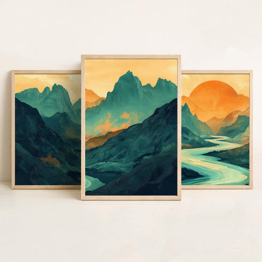 Conceptual Canyon Set of Three Prints V3 - Teal Mountain Sunrise Panorama - Abstract Landscape River Illustration Poster Wall Art